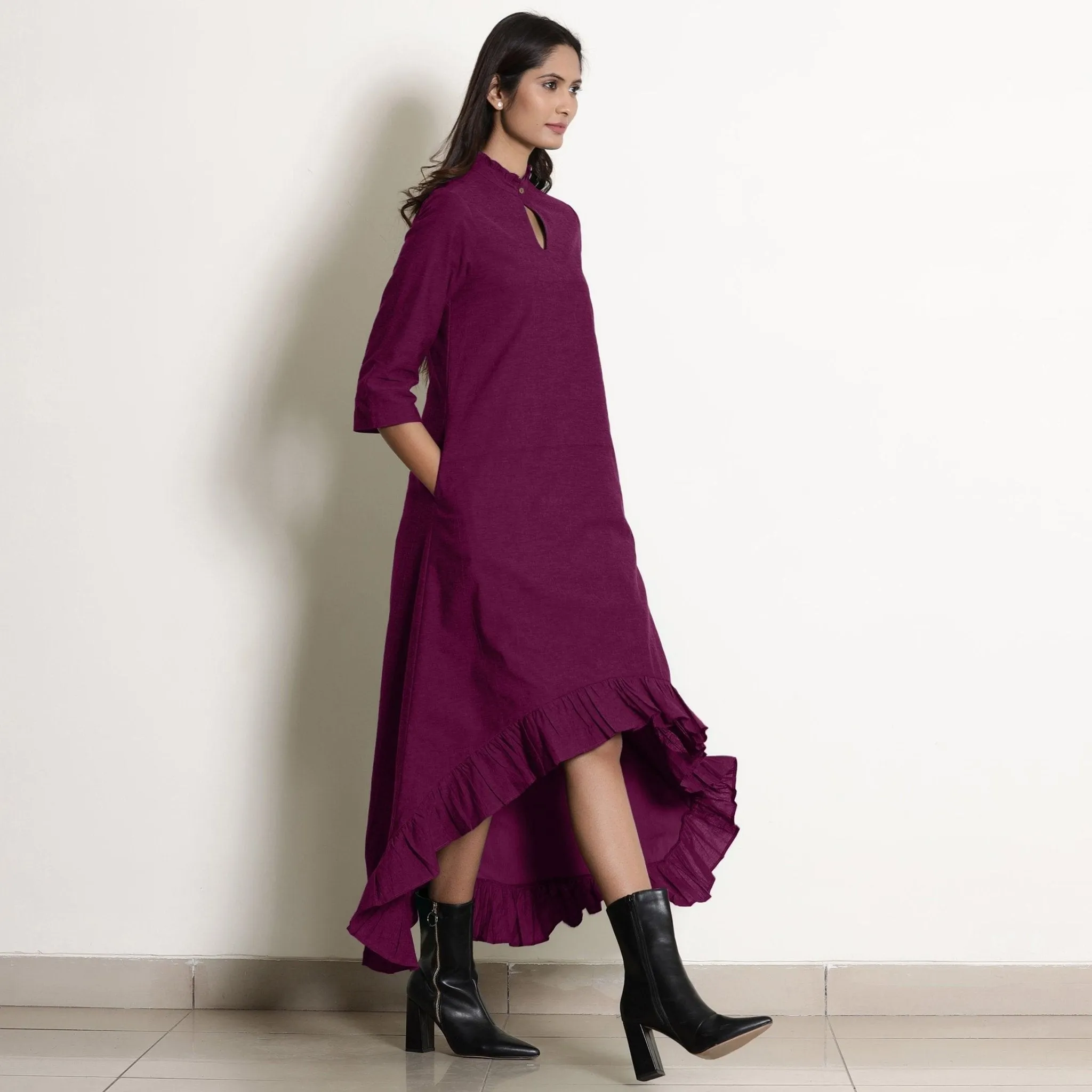 Magenta Warm Cotton Frilled Neck Ankle Length Dress