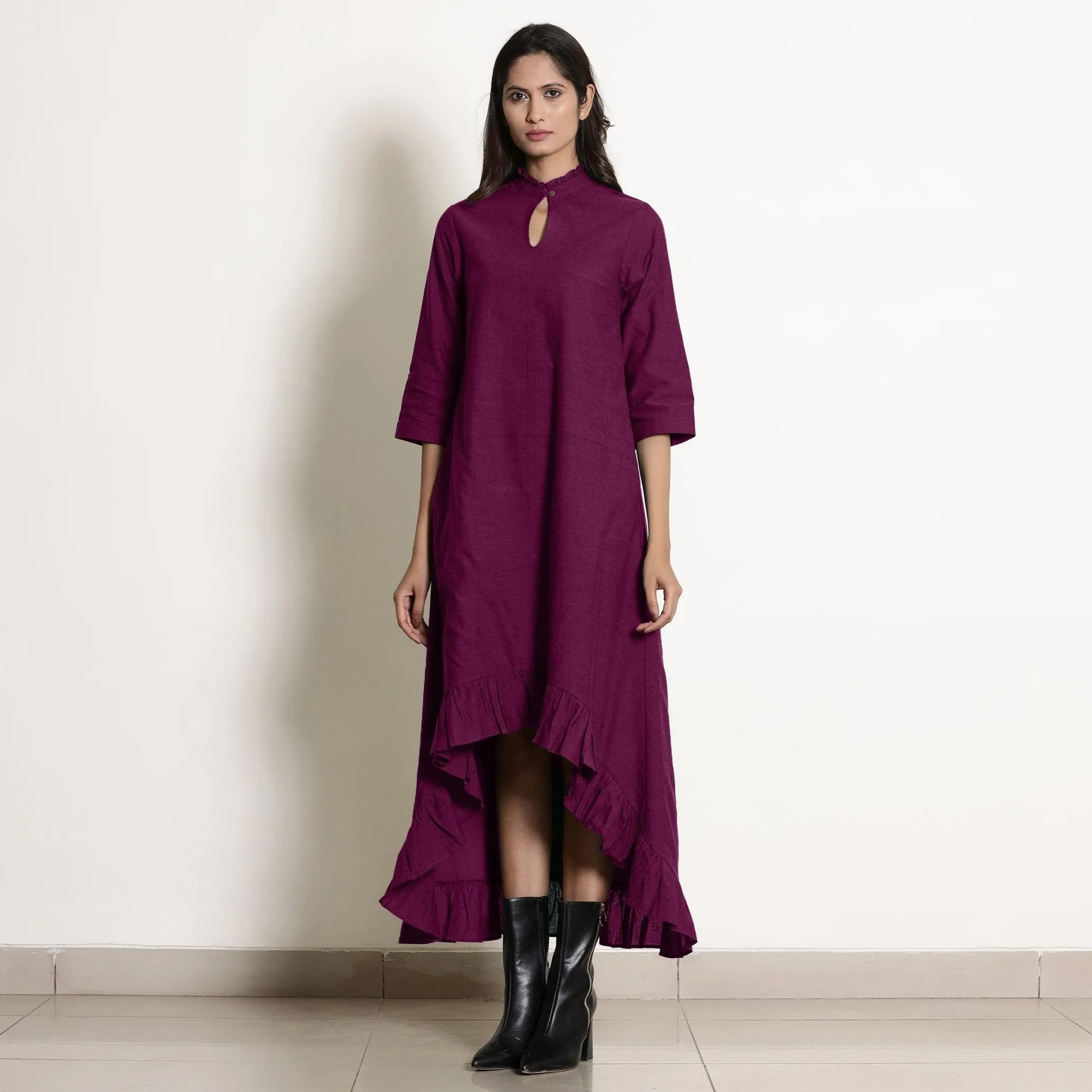 Magenta Warm Cotton Frilled Neck Ankle Length Dress