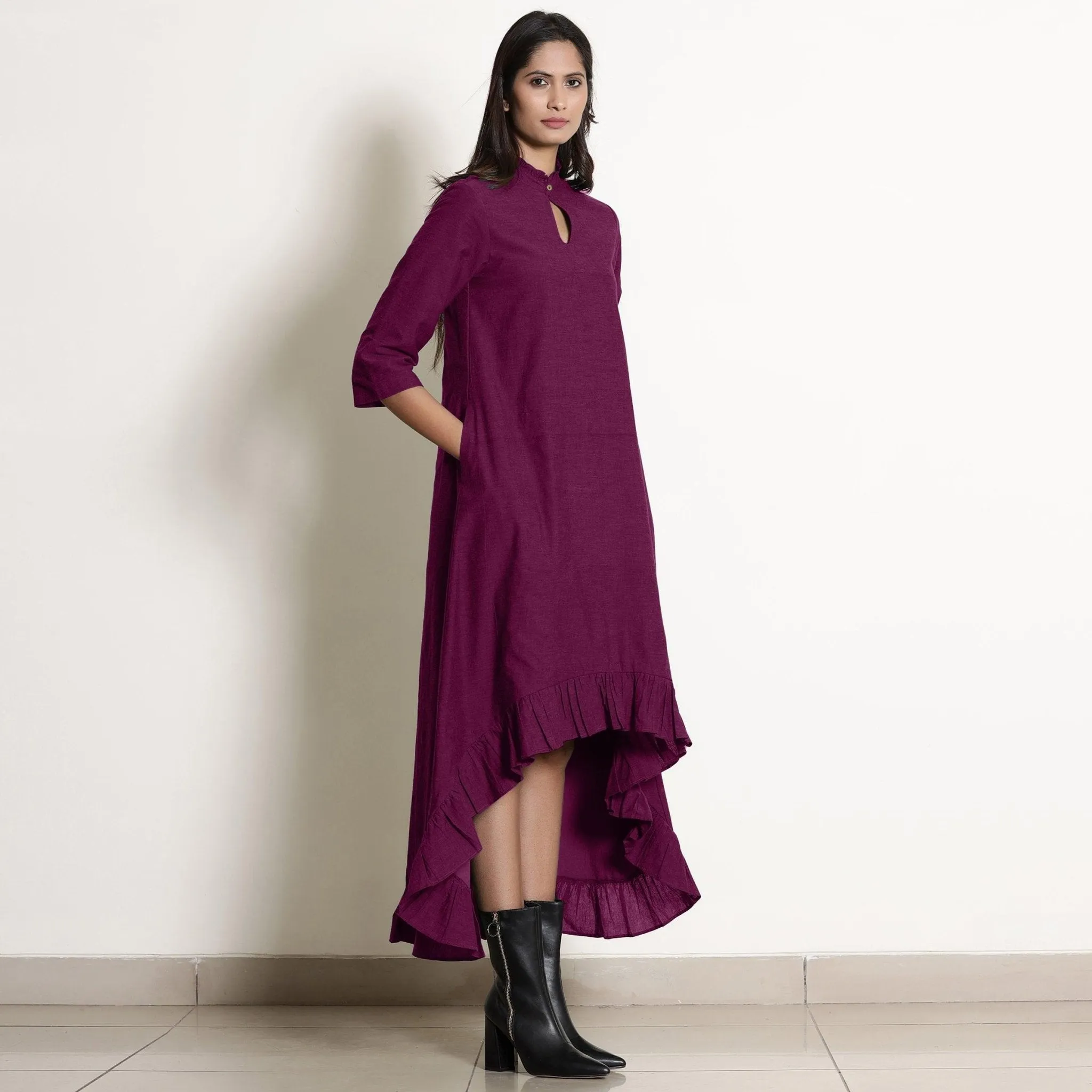 Magenta Warm Cotton Frilled Neck Ankle Length Dress