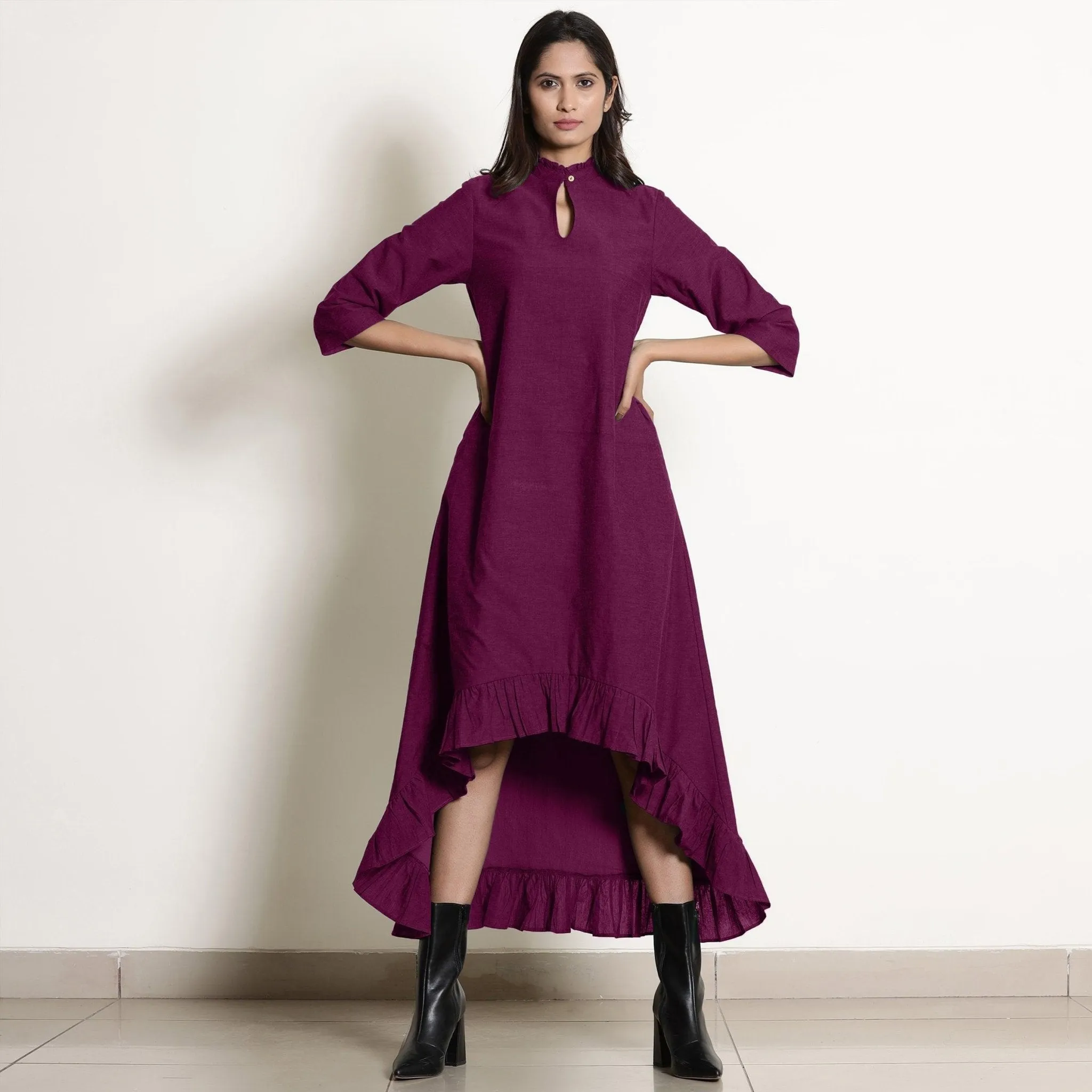 Magenta Warm Cotton Frilled Neck Ankle Length Dress