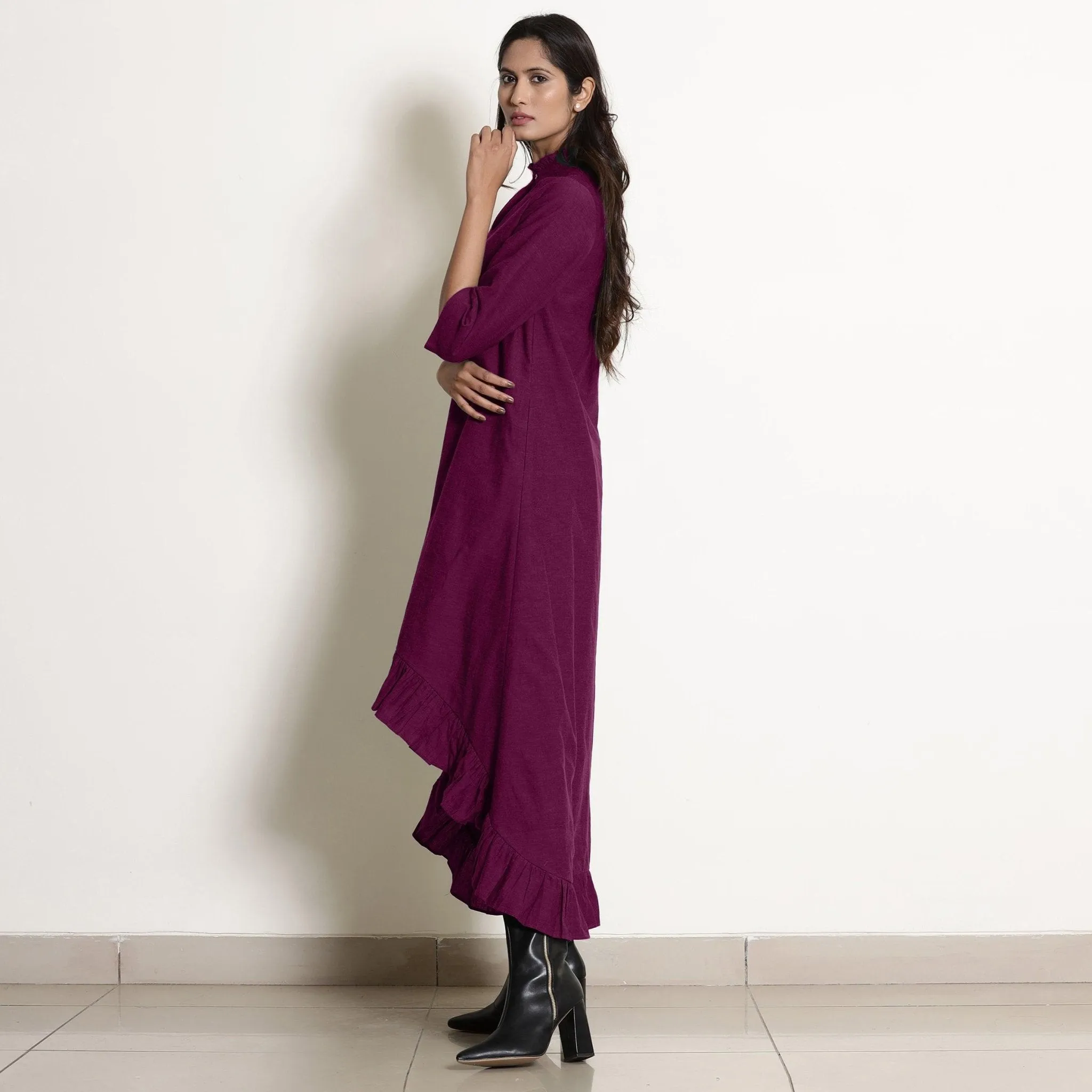 Magenta Warm Cotton Frilled Neck Ankle Length Dress