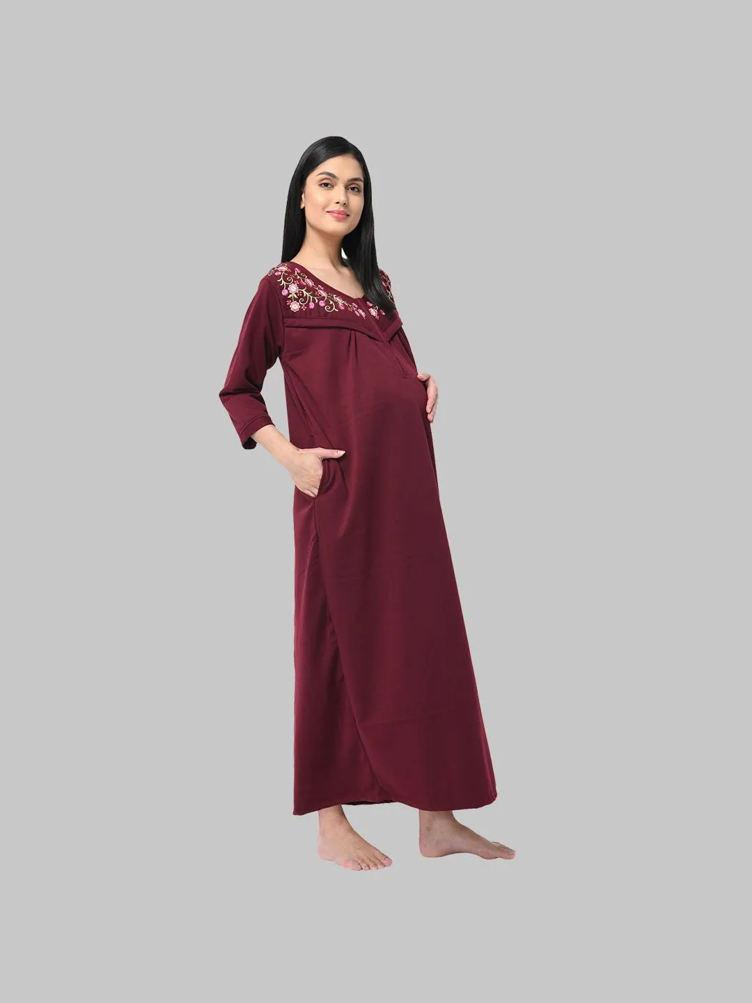 Maroon Women's Solid Print Fleece Maternity Winter Nighty