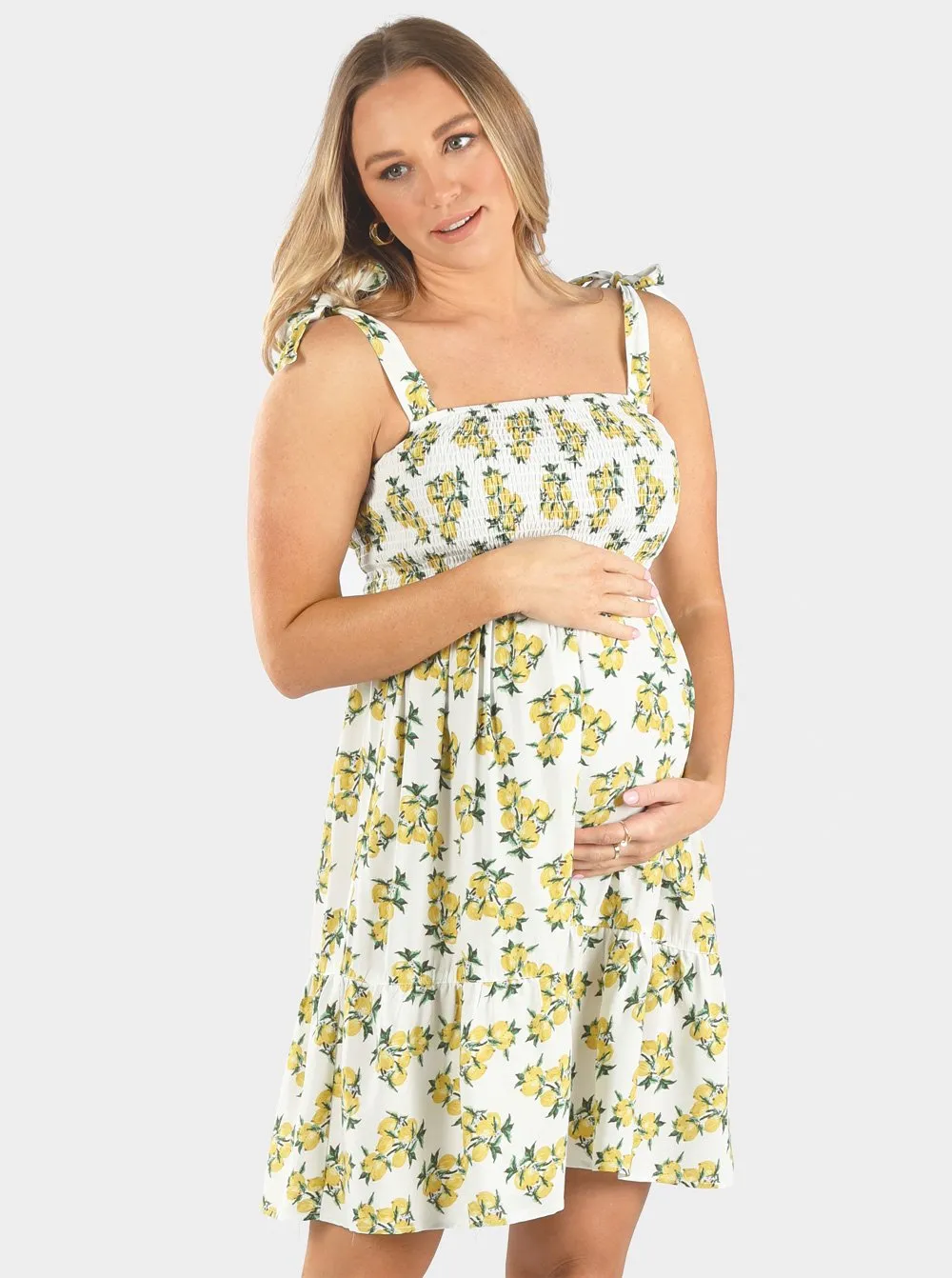 Maternity Summer Shirred Sun Dress - Lemon Print