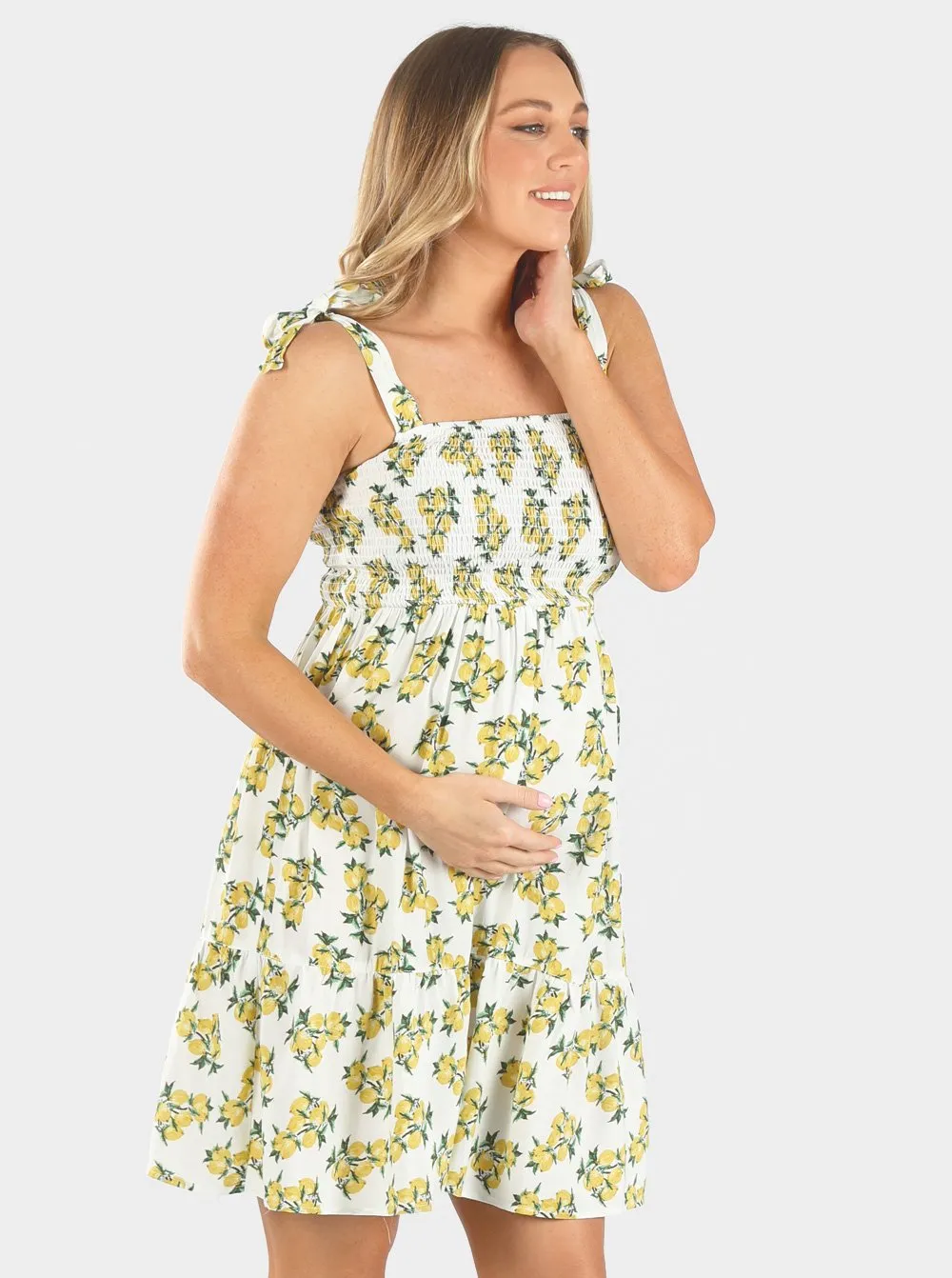 Maternity Summer Shirred Sun Dress - Lemon Print