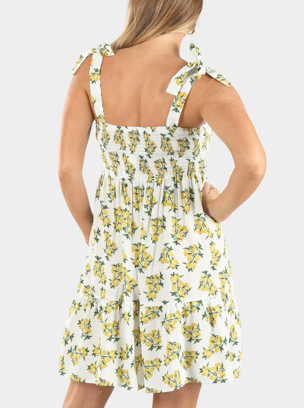 Maternity Summer Shirred Sun Dress - Lemon Print