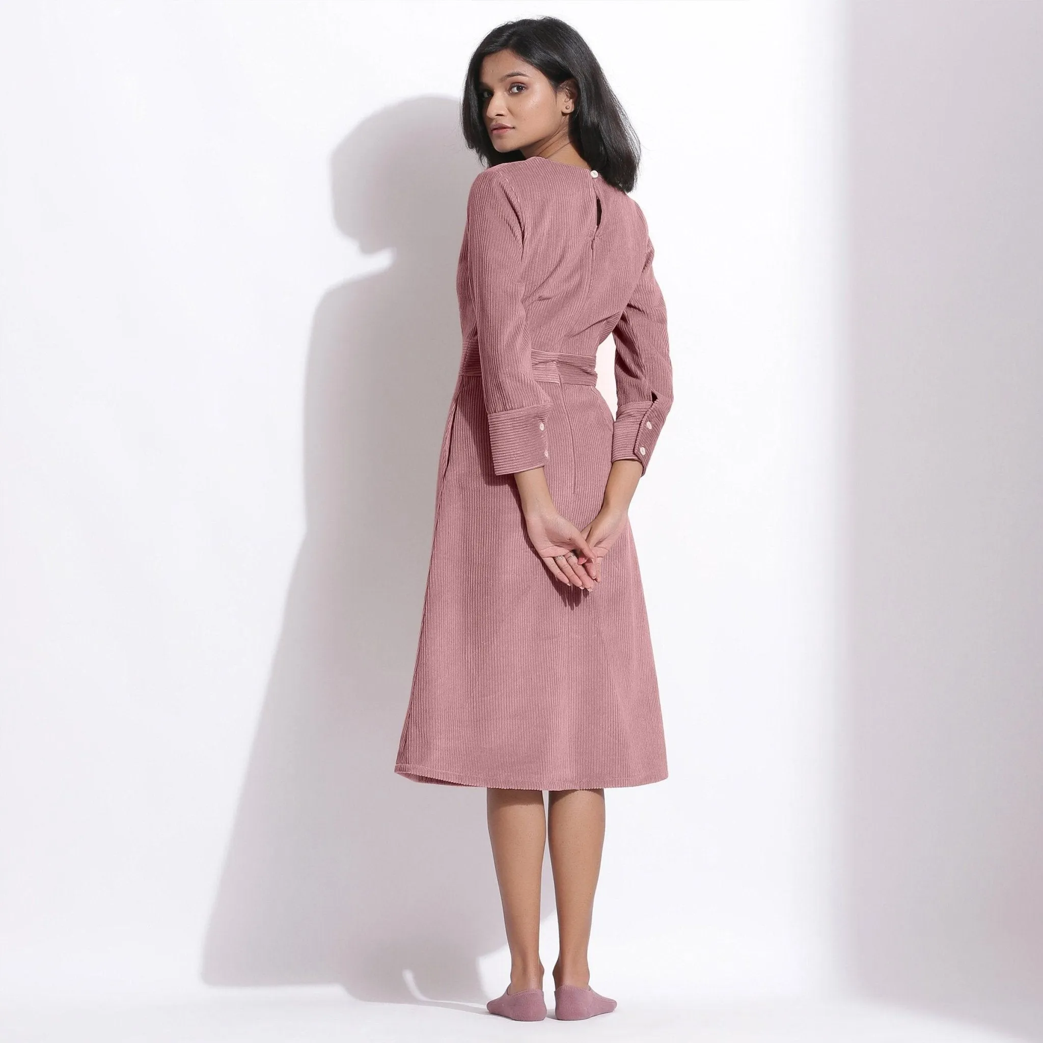 Mauve Warm Cotton Corduroy Knee Length Surplice Dress