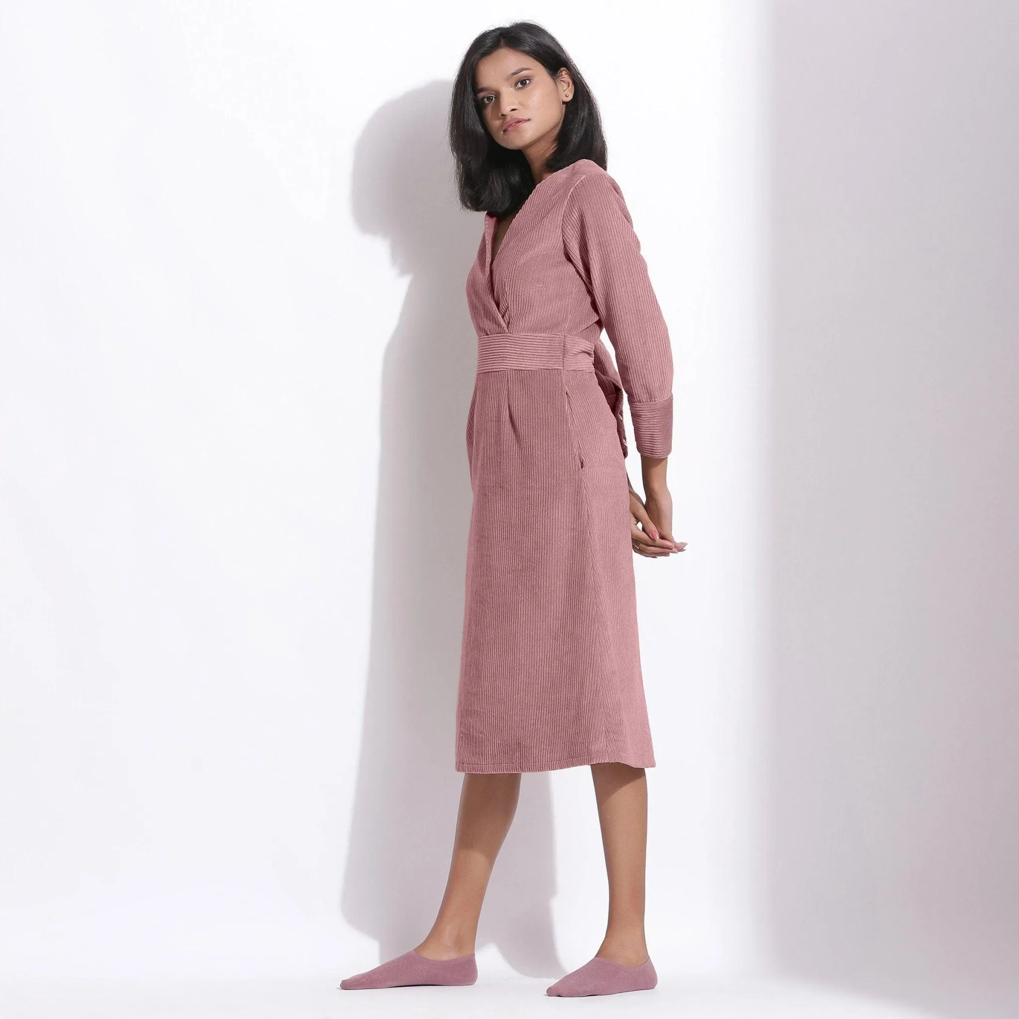 Mauve Warm Cotton Corduroy Knee Length Surplice Dress