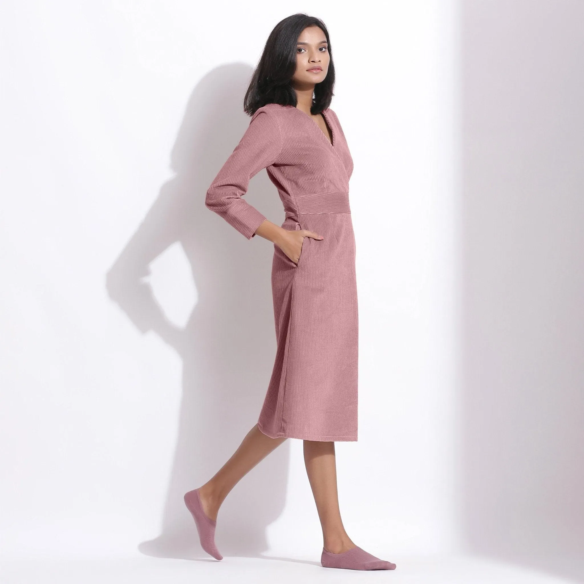 Mauve Warm Cotton Corduroy Knee Length Surplice Dress