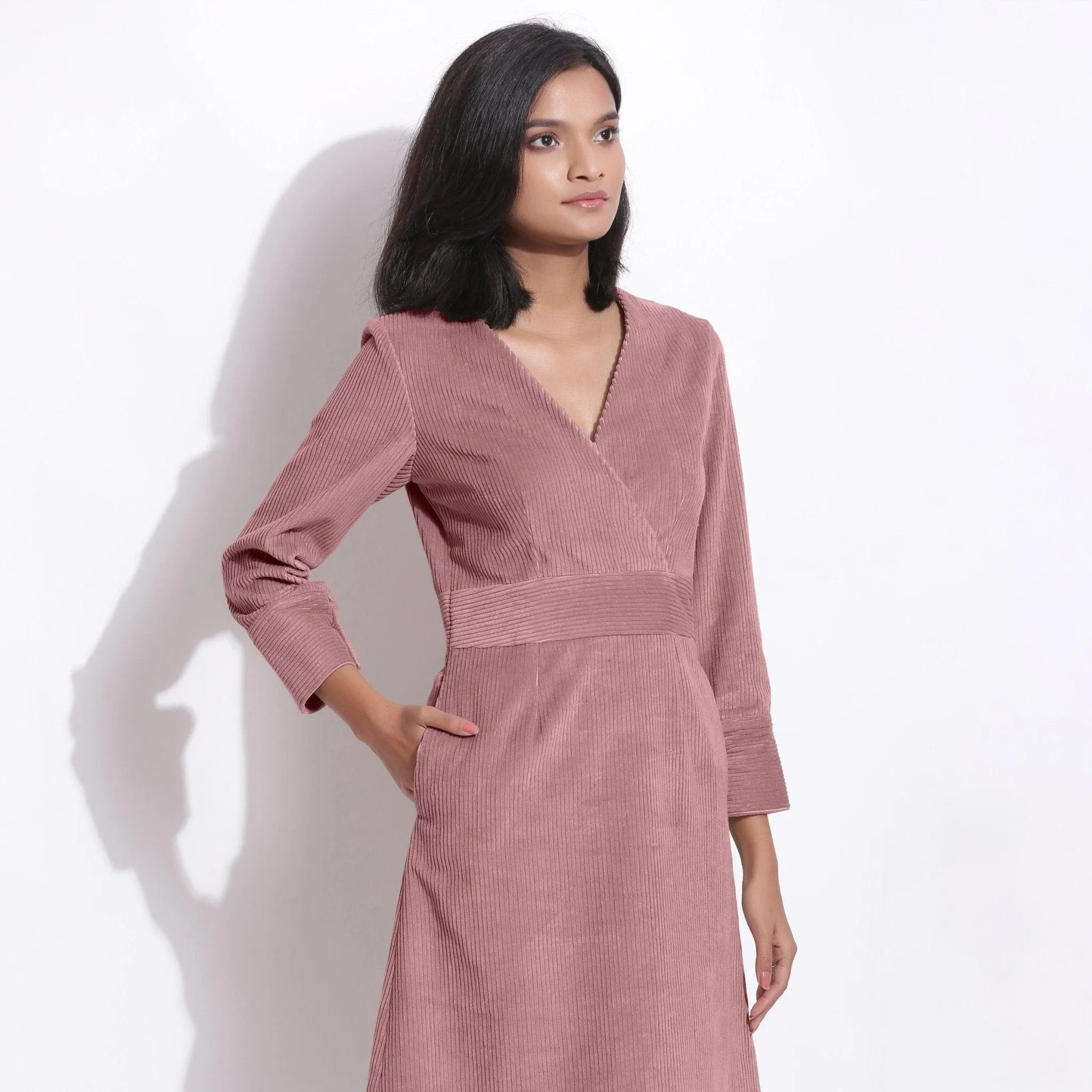 Mauve Warm Cotton Corduroy Knee Length Surplice Dress