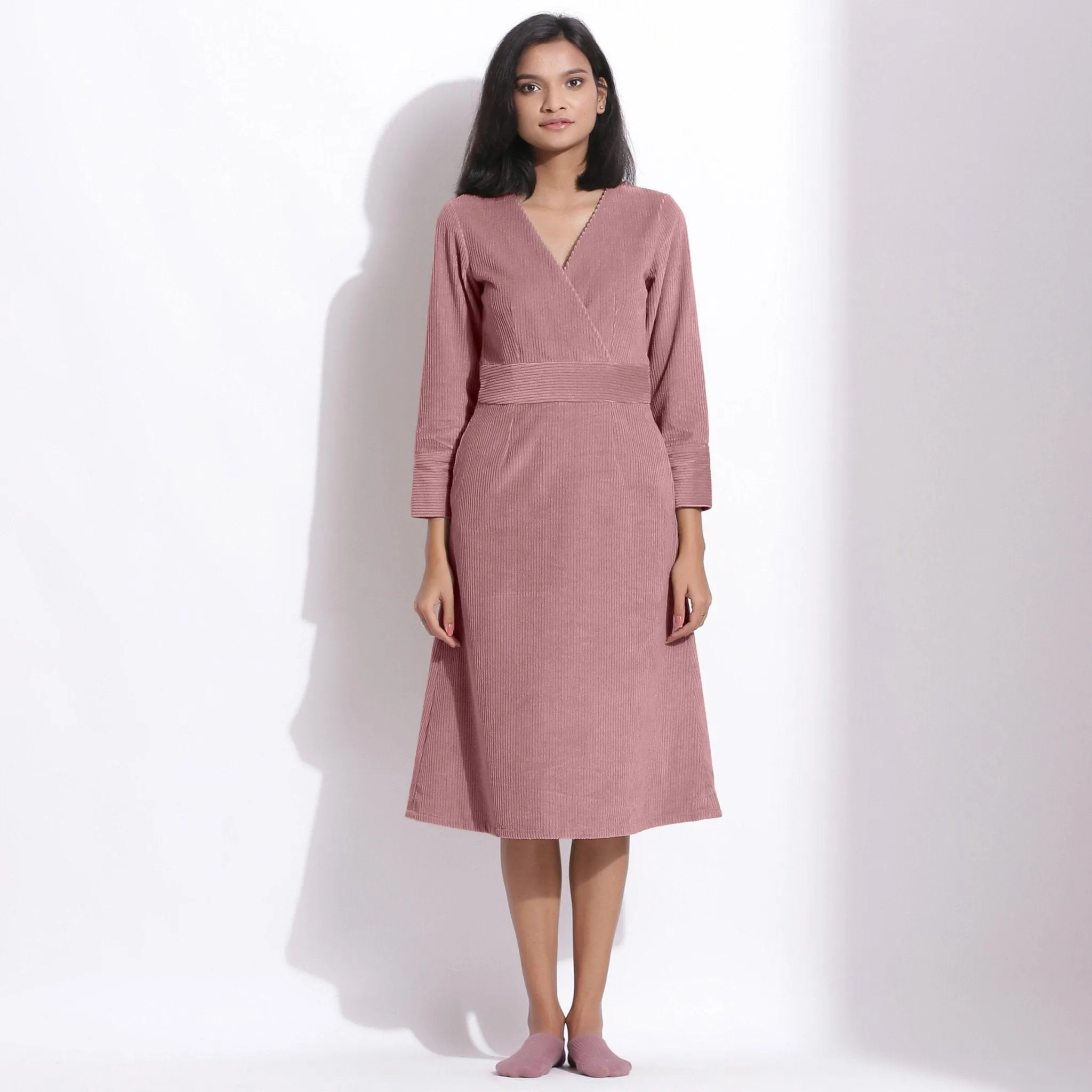 Mauve Warm Cotton Corduroy Knee Length Surplice Dress