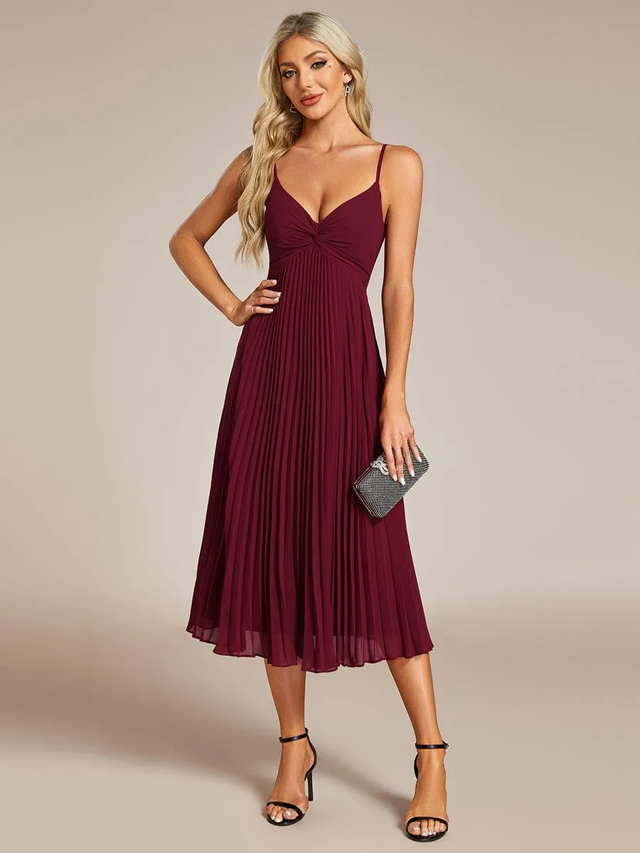 Midi Tiered Pleated V-Neck Wedding Guest Dress Featuring Spaghetti Straps