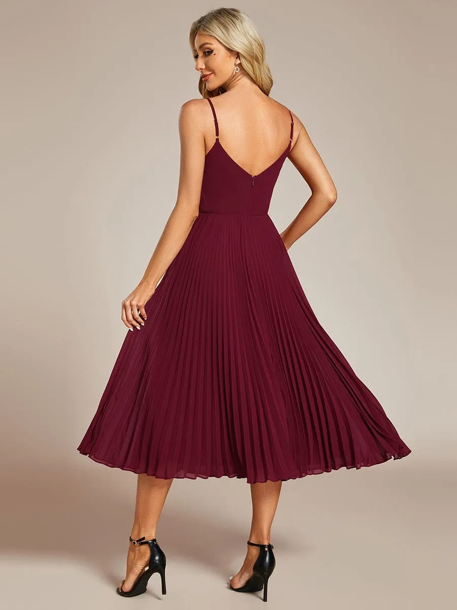 Midi Tiered Pleated V-Neck Wedding Guest Dress Featuring Spaghetti Straps