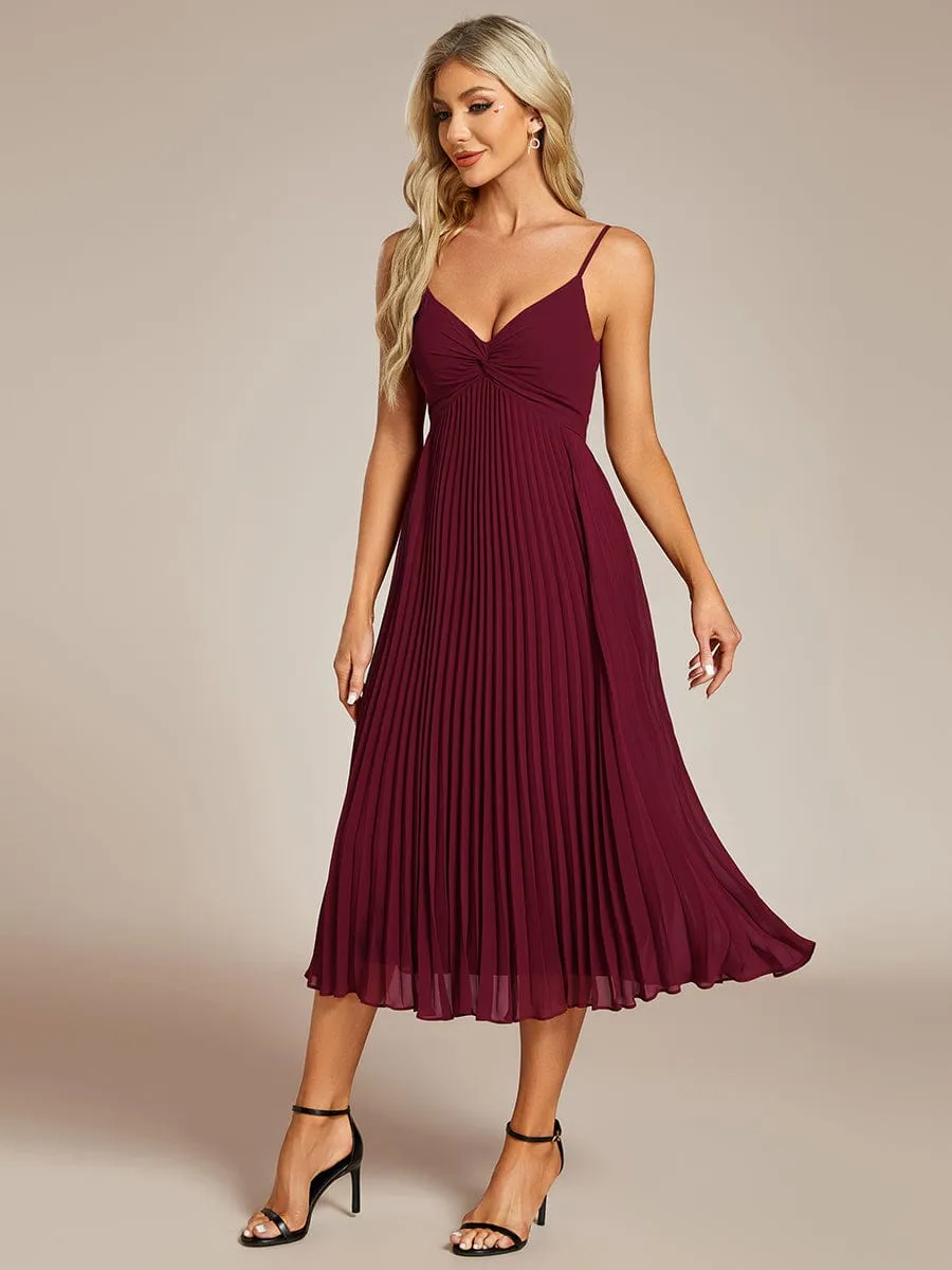 Midi Tiered Pleated V-Neck Wedding Guest Dress Featuring Spaghetti Straps