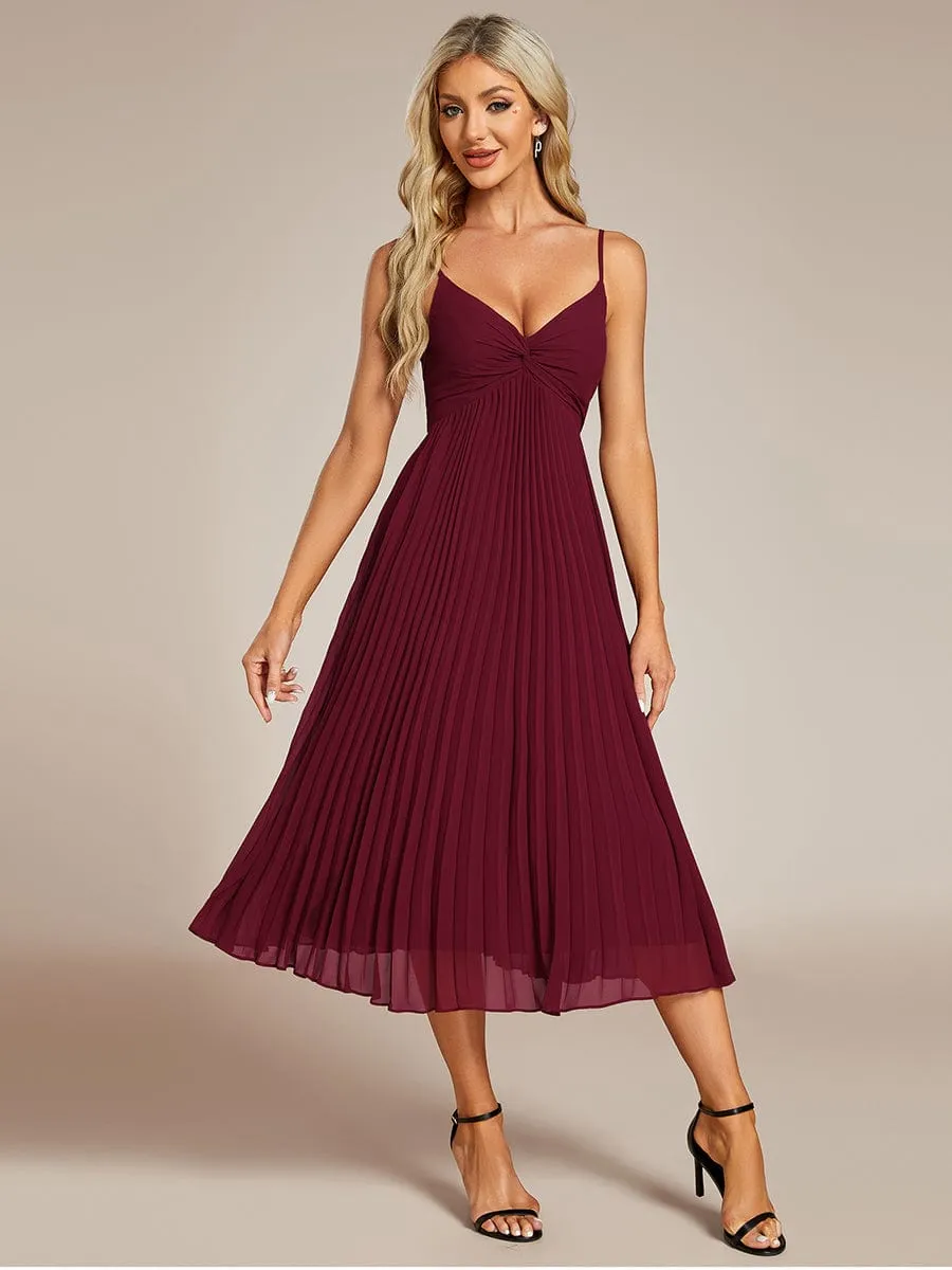 Midi Tiered Pleated V-Neck Wedding Guest Dress Featuring Spaghetti Straps