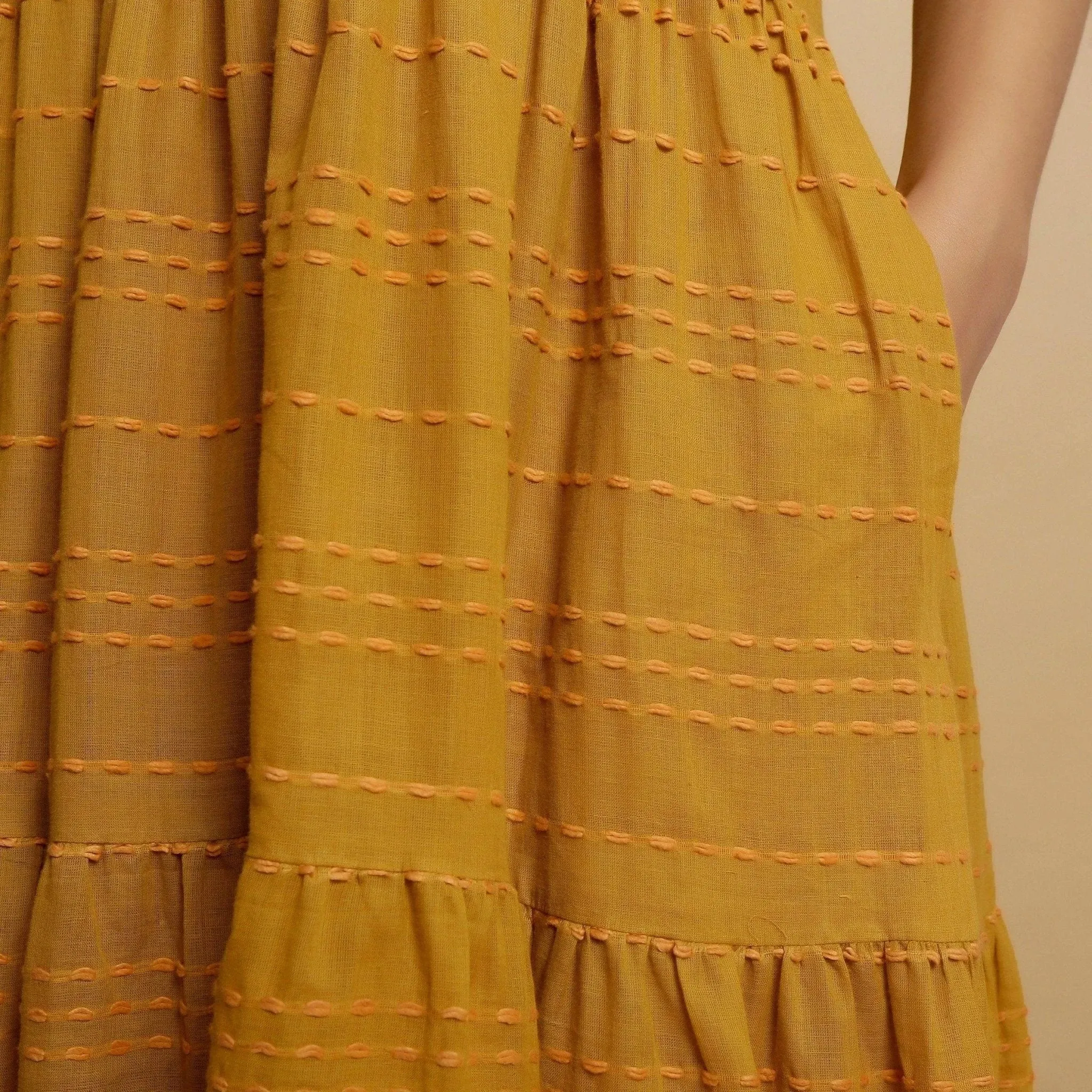 Mustard Handwoven Cotton V-Neck Maxi Tier Dress