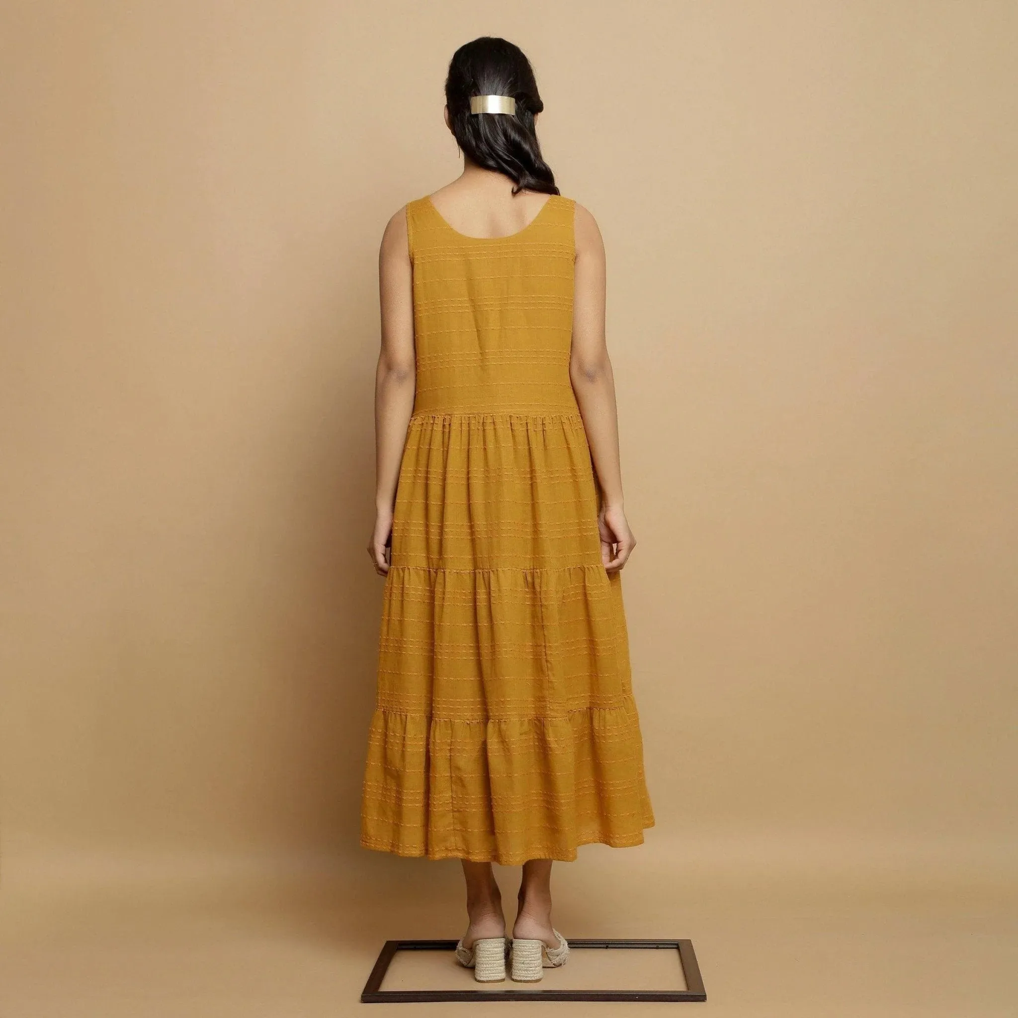 Mustard Handwoven Cotton V-Neck Maxi Tier Dress