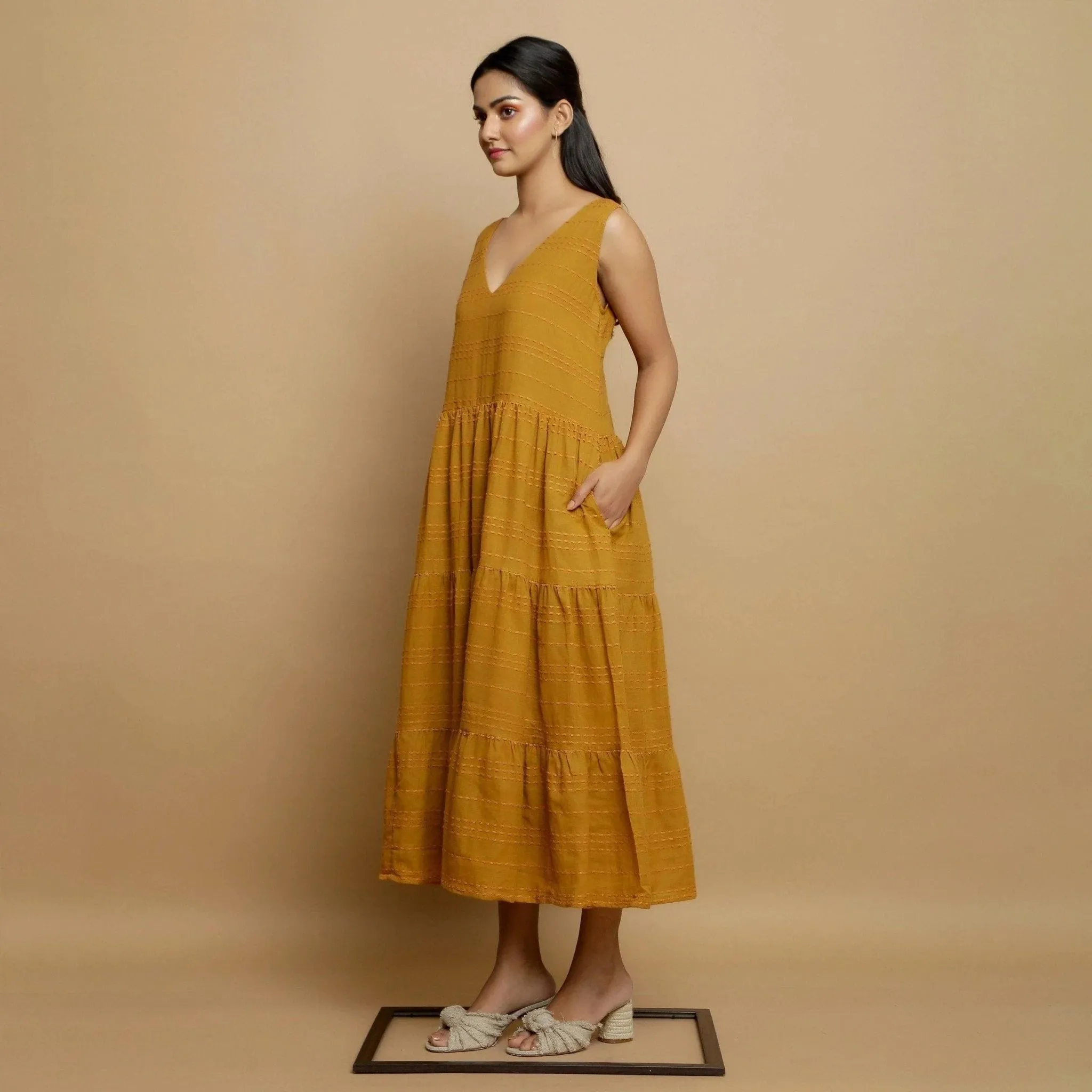 Mustard Handwoven Cotton V-Neck Maxi Tier Dress