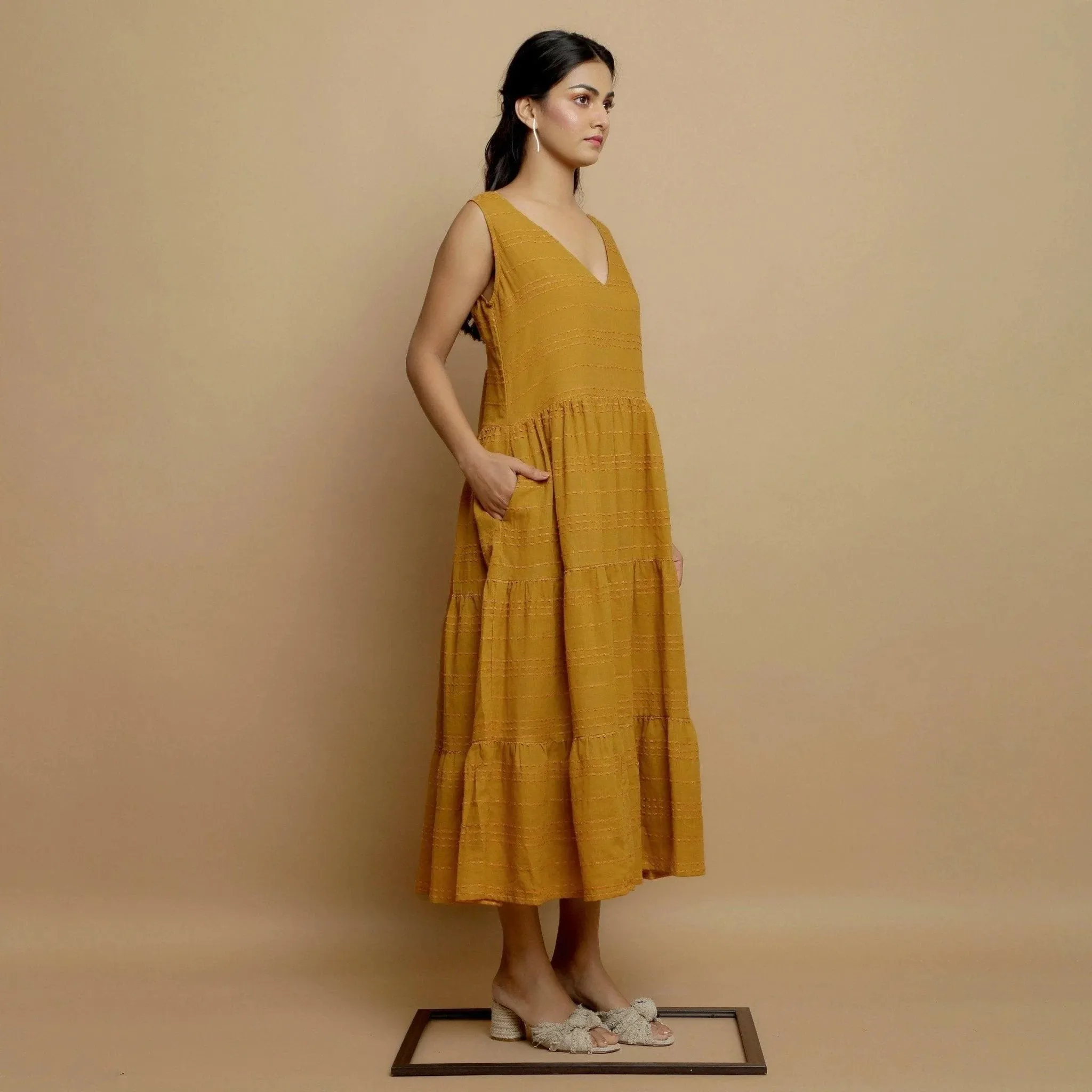 Mustard Handwoven Cotton V-Neck Maxi Tier Dress