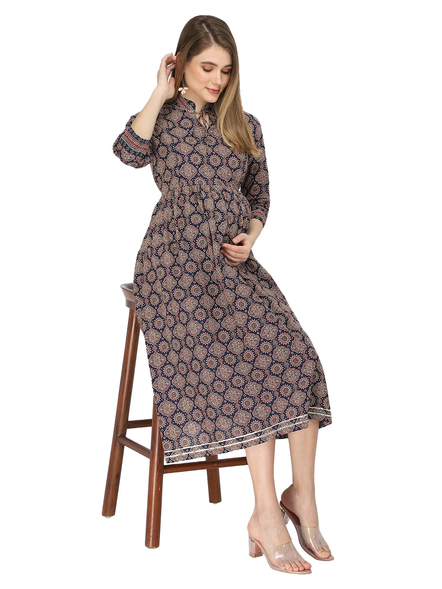 Navy blue ethnic printed feeding Kurtis