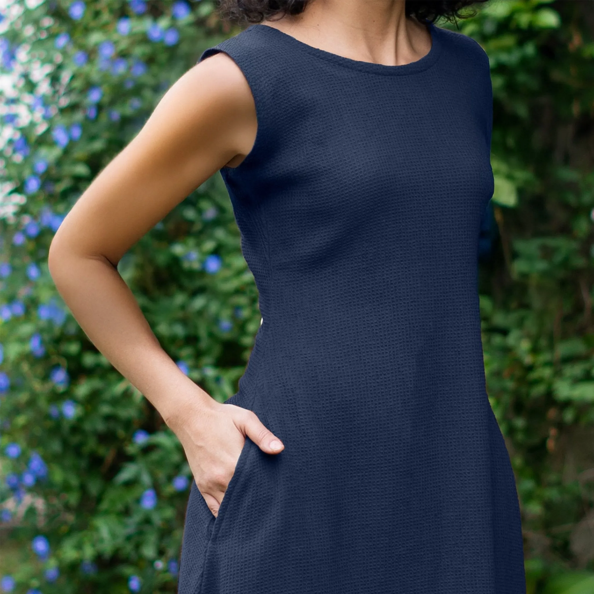 Navy Blue Warm Cotton Waffle Fit and Flare Sleeveless Maxi Dress