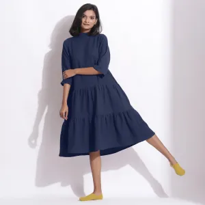 Navy Blue Warm Cotton Waffle High Neck Midi Dress