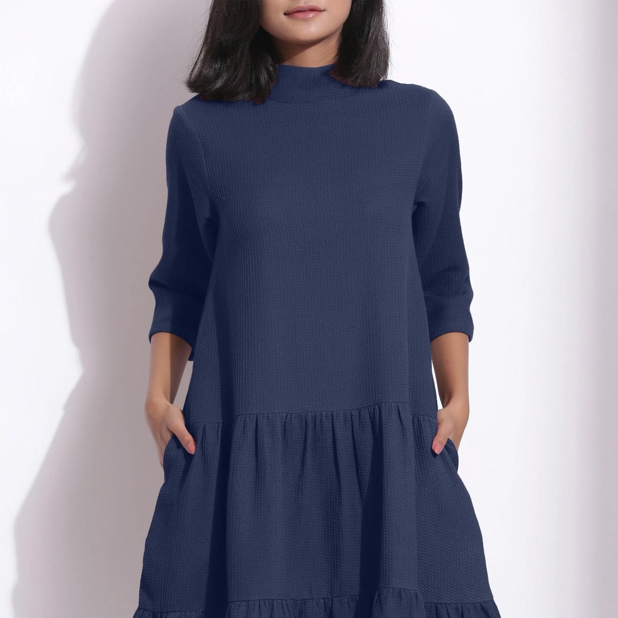 Navy Blue Warm Cotton Waffle High Neck Midi Dress