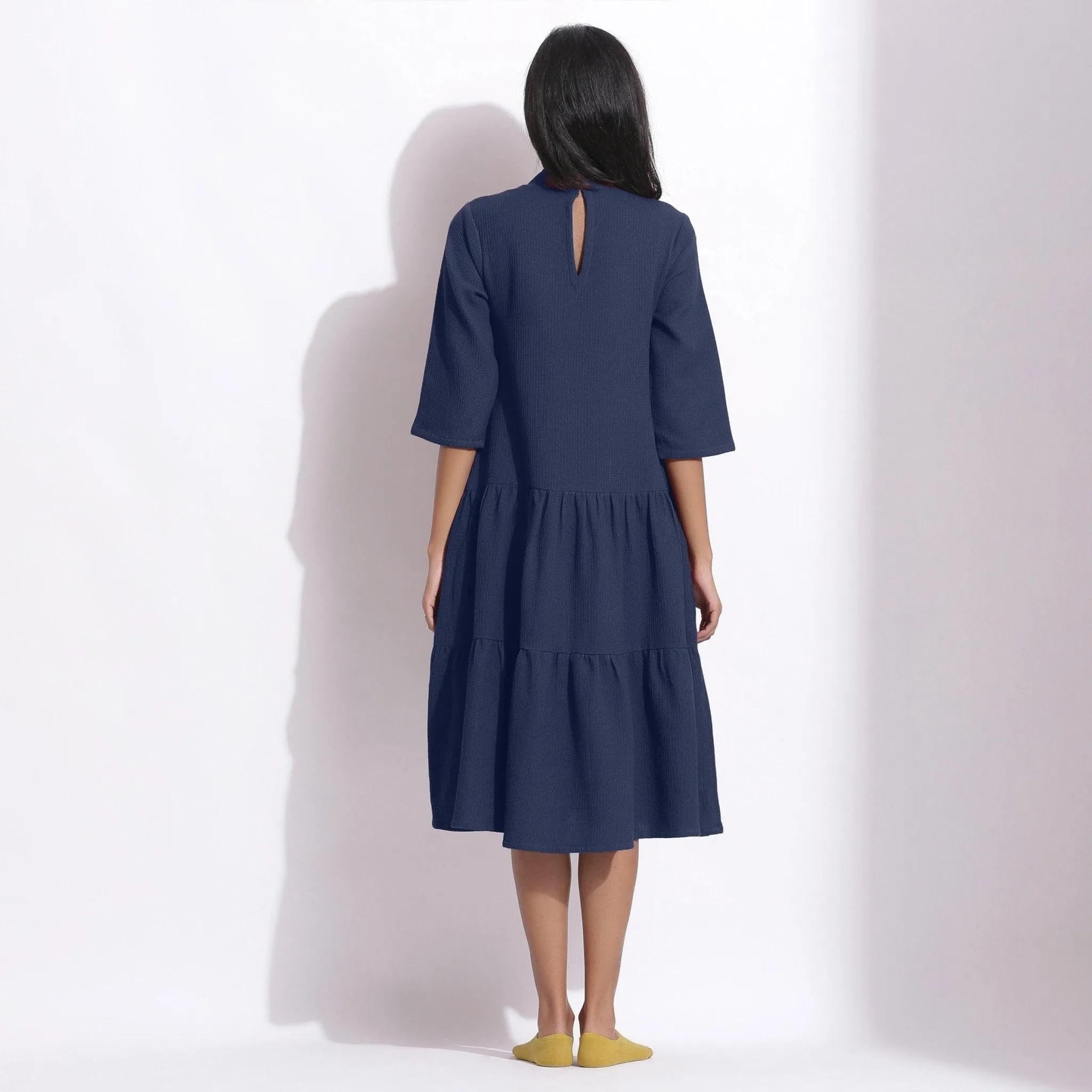 Navy Blue Warm Cotton Waffle High Neck Midi Dress