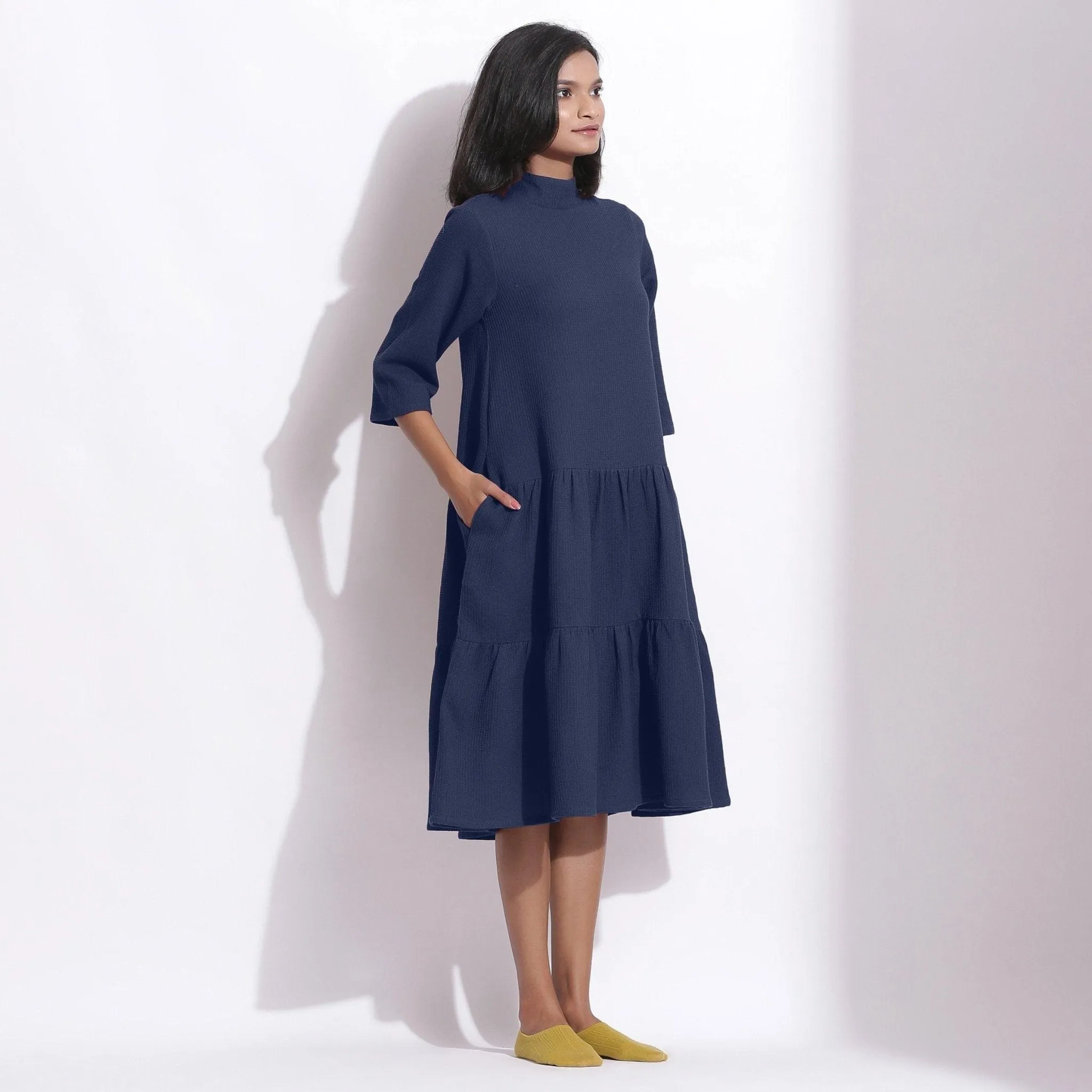 Navy Blue Warm Cotton Waffle High Neck Midi Dress