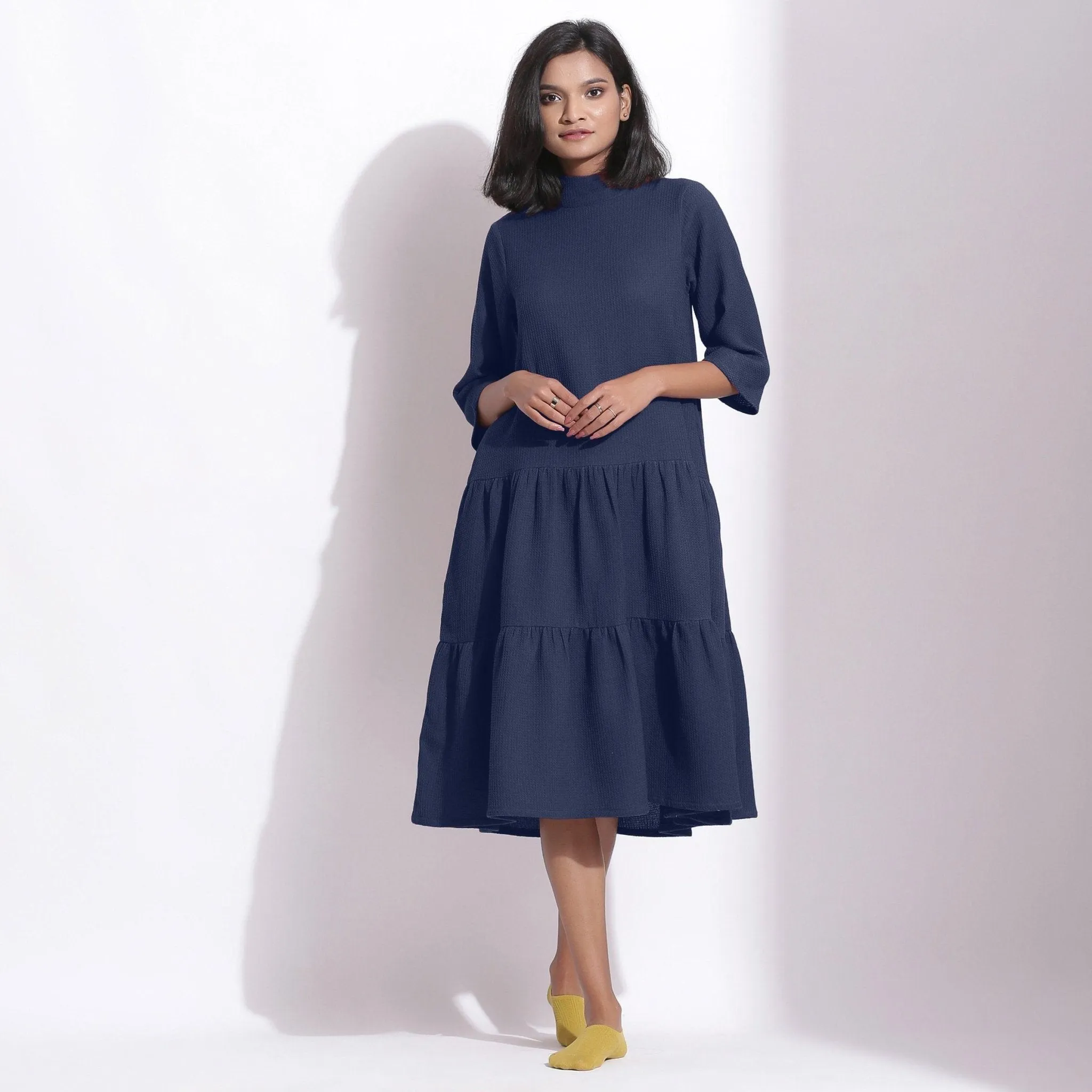 Navy Blue Warm Cotton Waffle High Neck Midi Dress