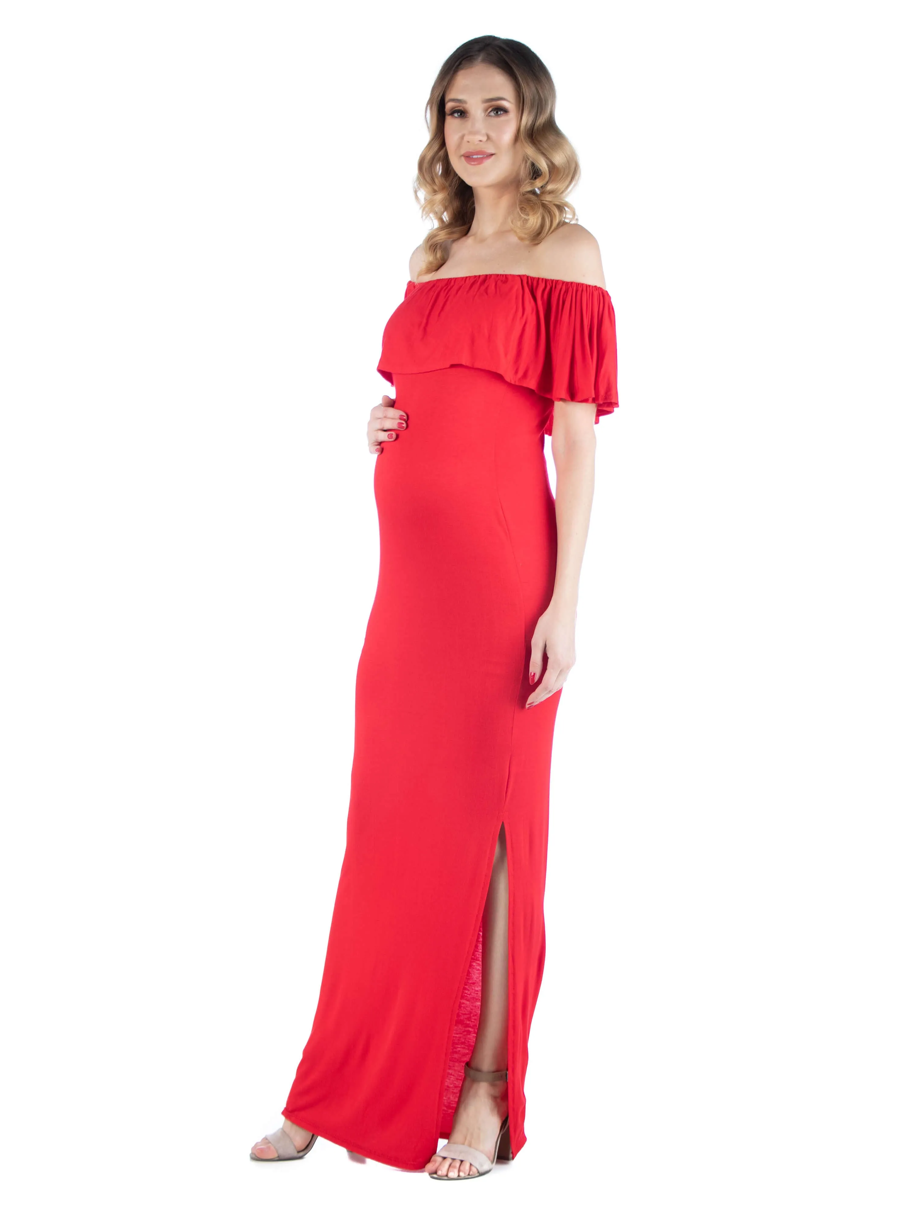 Off Shoulder Ruffle Detail Maternity Maxi Dress