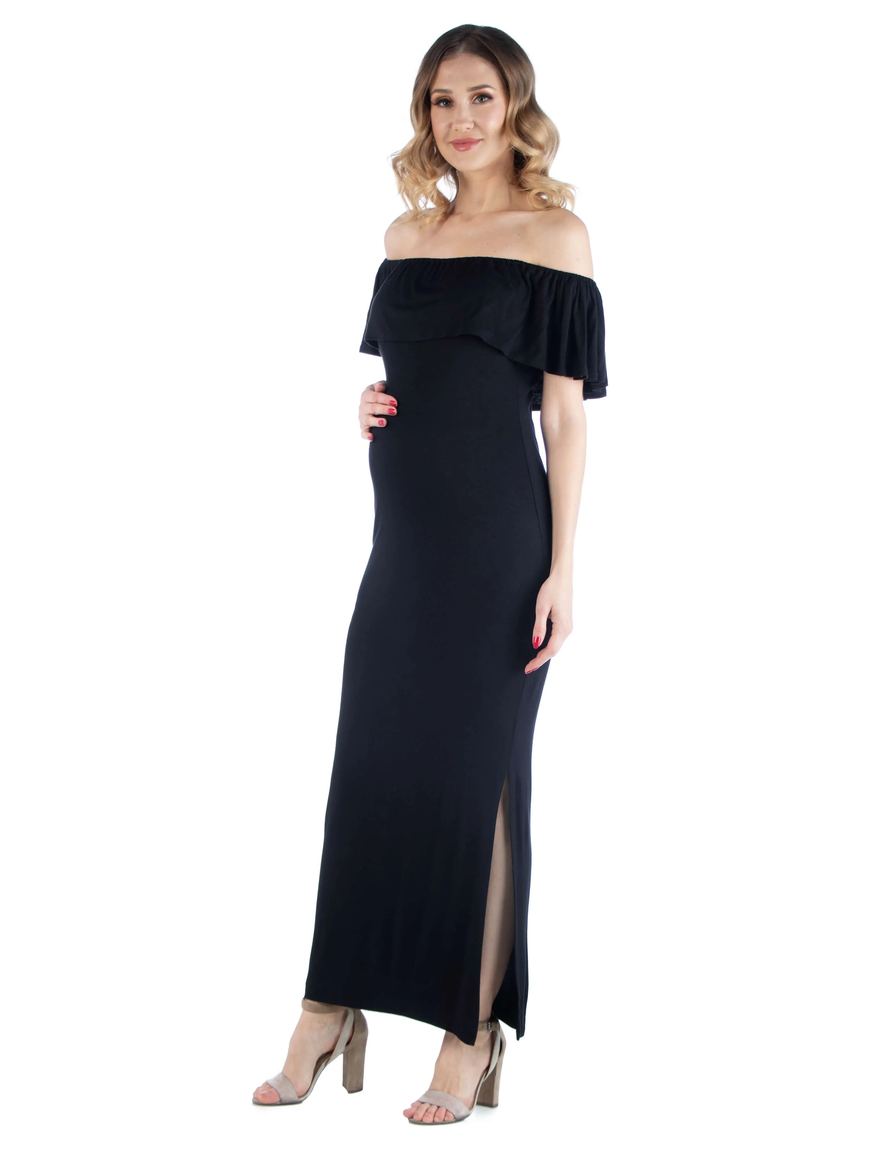 Off Shoulder Ruffle Detail Maternity Maxi Dress