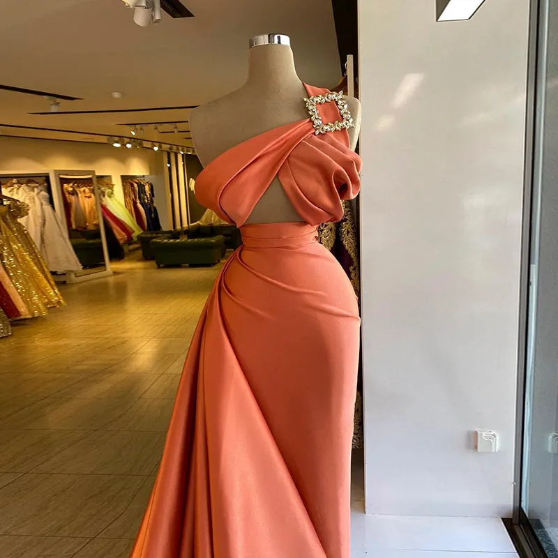 One Shoulder Orange Cocktail Party Dress with Overskirt RM014