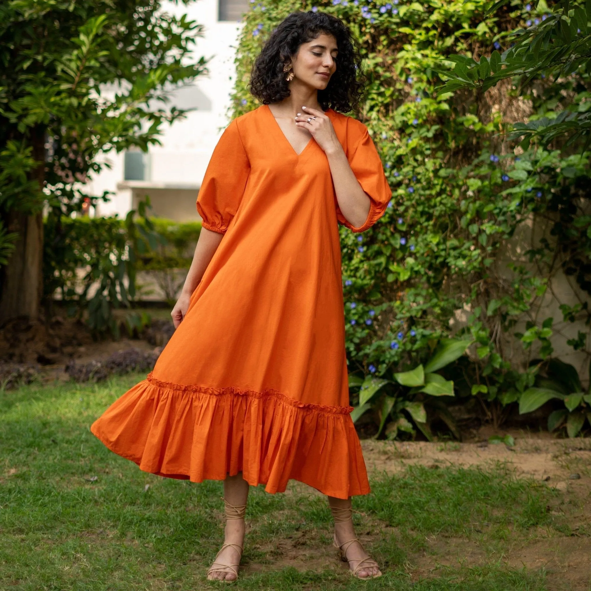 Orange Cotton Poplin A-Line Deep Neck Maxi Tier Dress