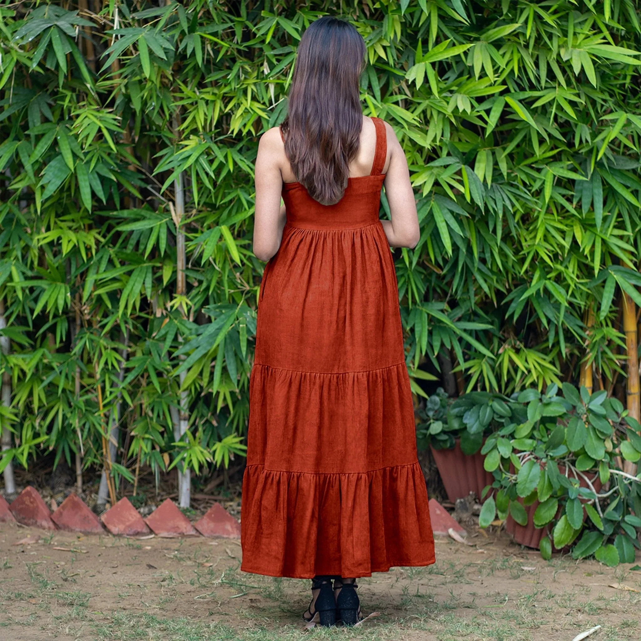 Orange Warm Cotton Corduroy Gathered Maxi Tier Dress