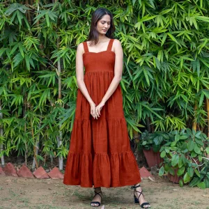 Orange Warm Cotton Corduroy Gathered Maxi Tier Dress