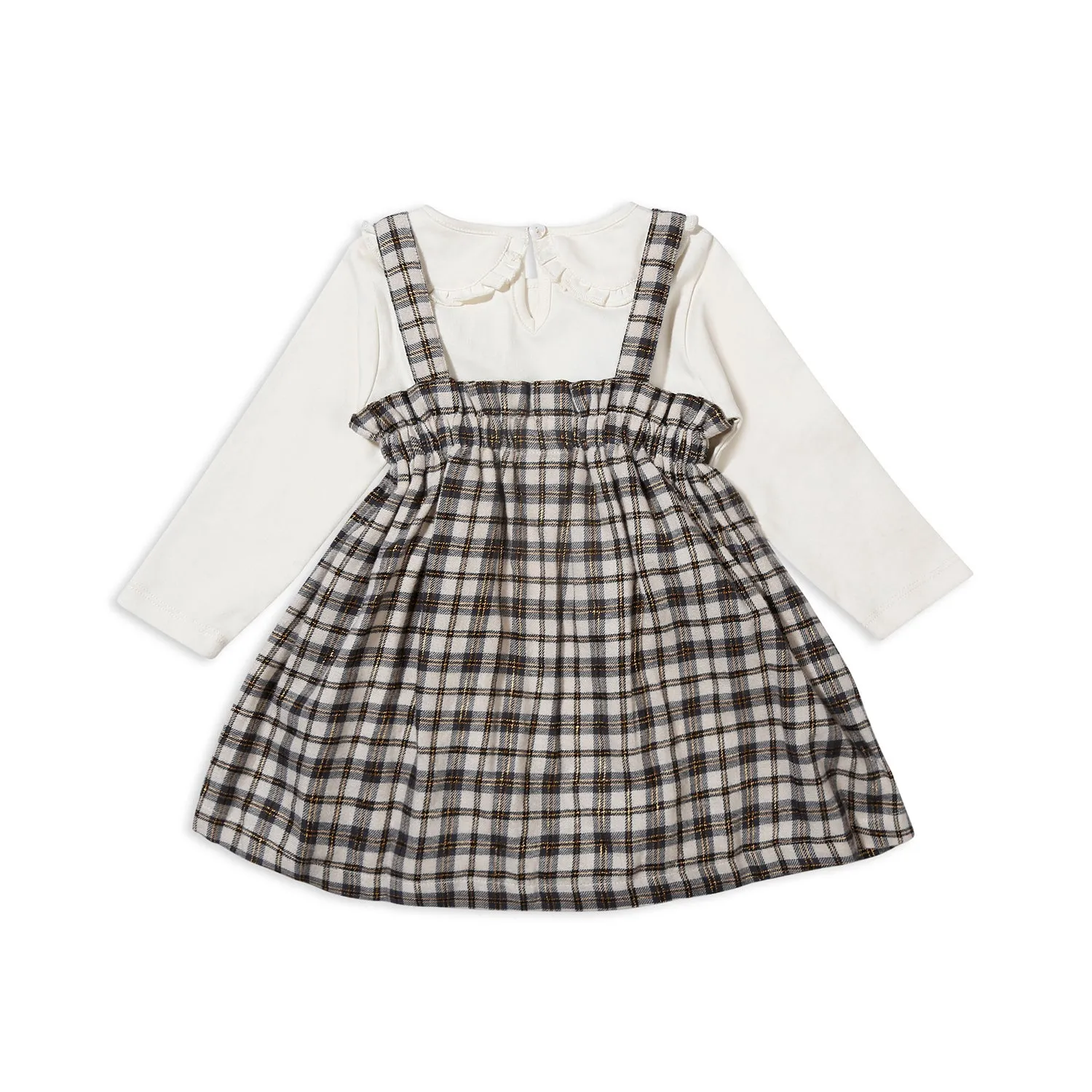 Peter Pan Collar Tee With Ruffled Lurex Checked Pinafore Dress