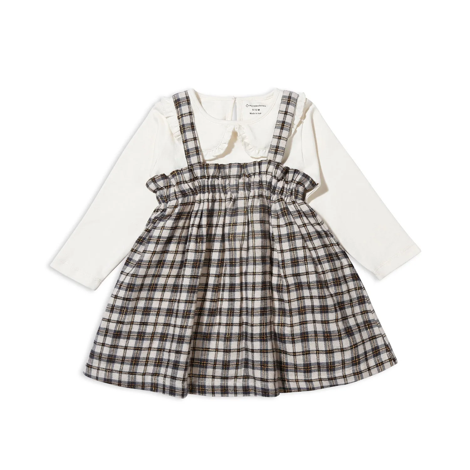 Peter Pan Collar Tee With Ruffled Lurex Checked Pinafore Dress