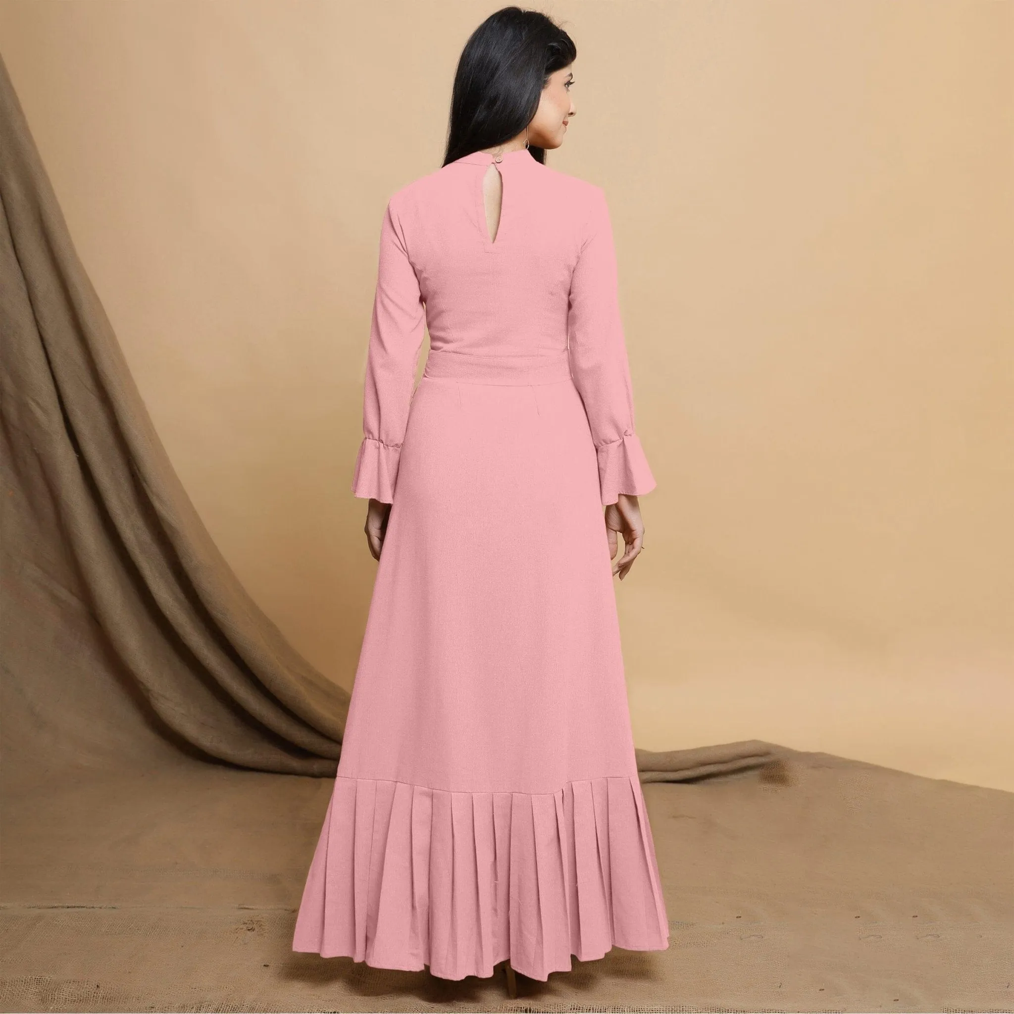 Pink Cotton Flax Crew Neck Floor Length Tier Dress