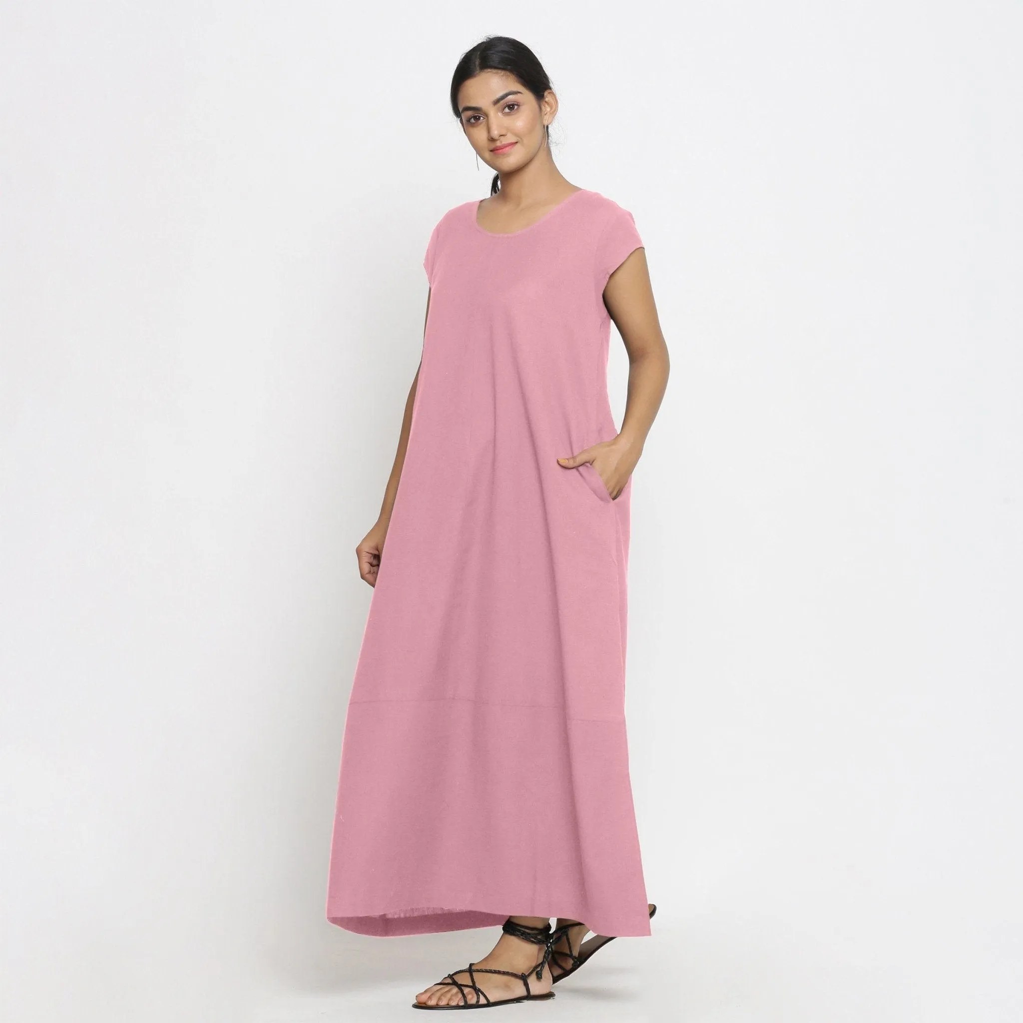 Pink Cotton Flax Scoop Neck Paneled Maxi Dress