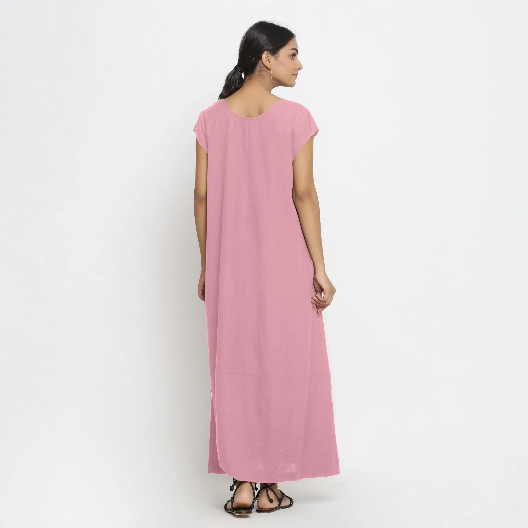 Pink Cotton Flax Scoop Neck Paneled Maxi Dress