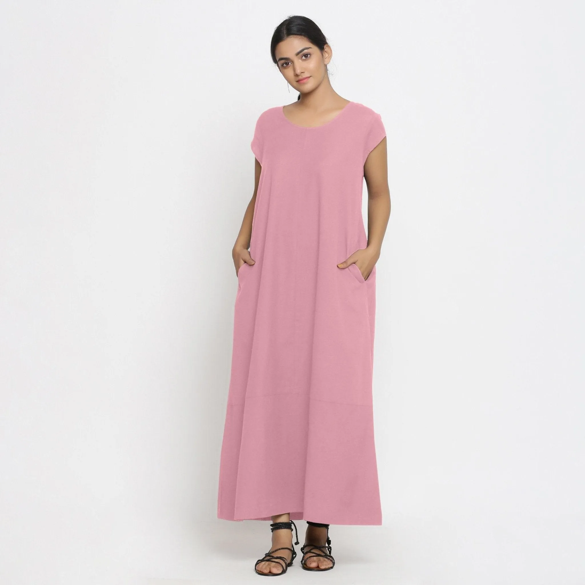 Pink Cotton Flax Scoop Neck Paneled Maxi Dress