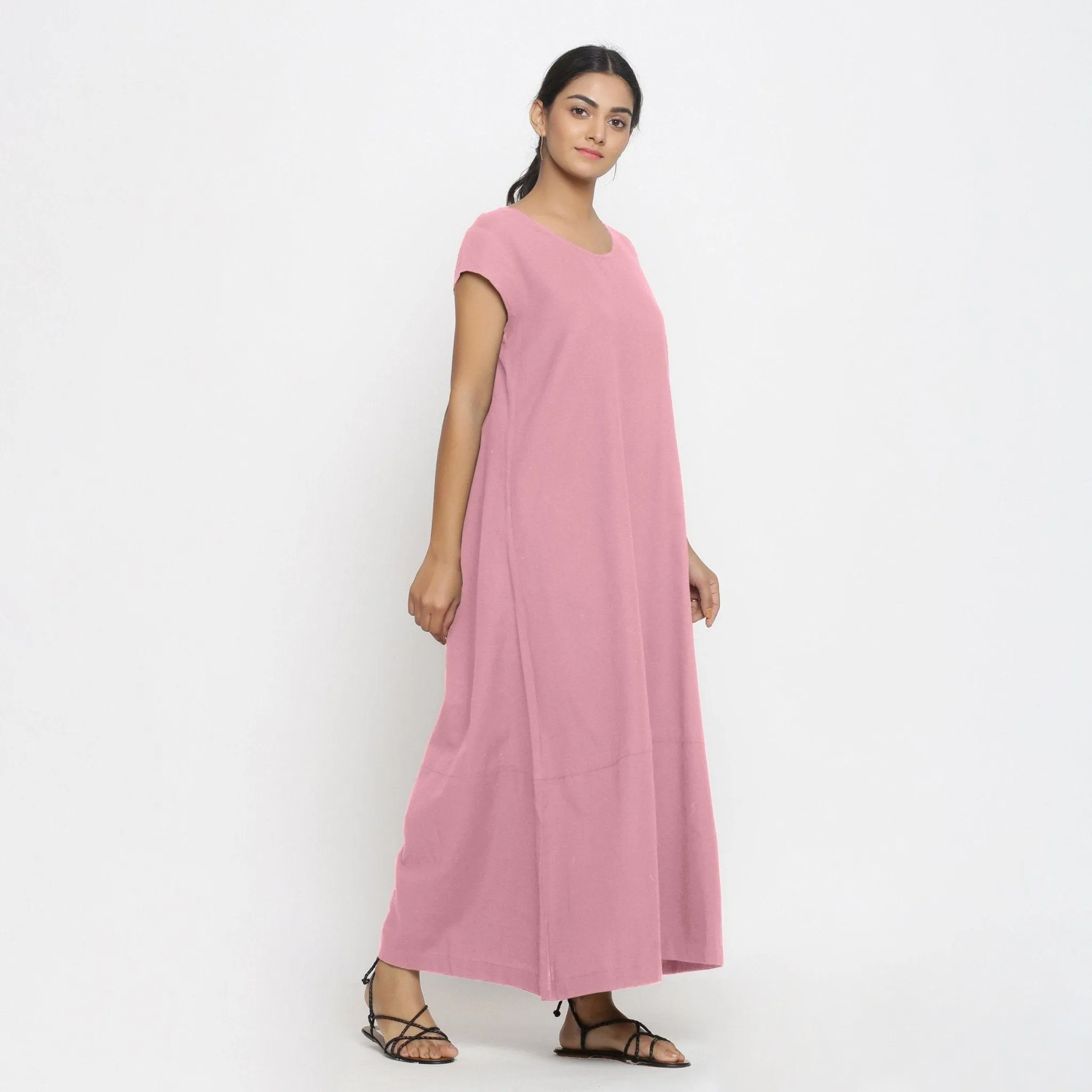 Pink Cotton Flax Scoop Neck Paneled Maxi Dress