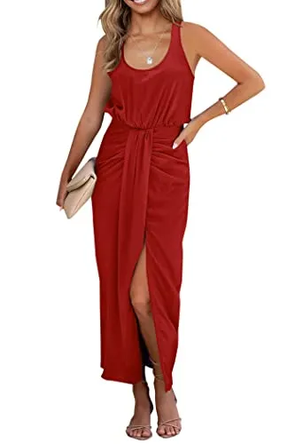 PRETTYGARDEN Women's Satin Midi Bodycon Dress 2023 Summer Sleeveless Twist Front Slit Wrap Tank Dresses (Red,XX-Large)