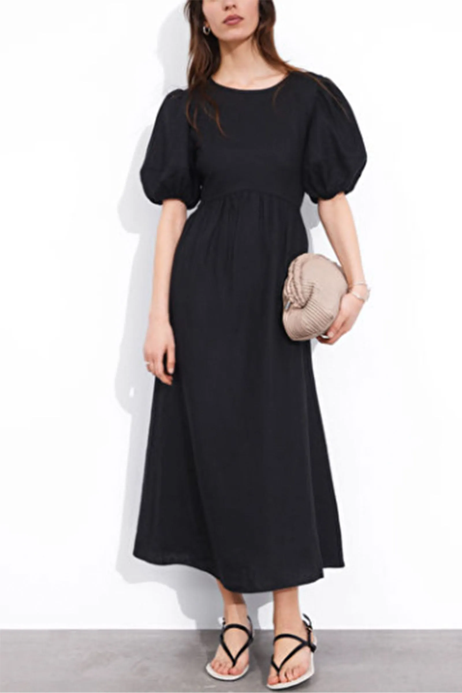 Puff-Sleeve Midi Dress