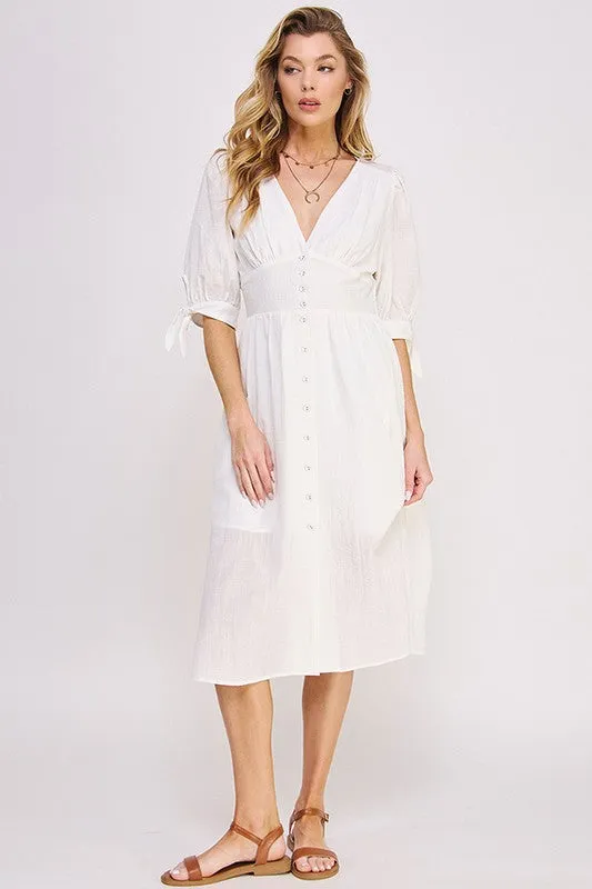 Puff Sleeve V-Neck Button Down Midi Dress