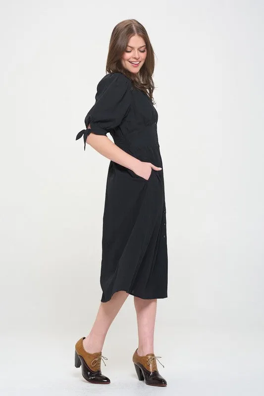 Puff Sleeve V-Neck Button Down Midi Dress