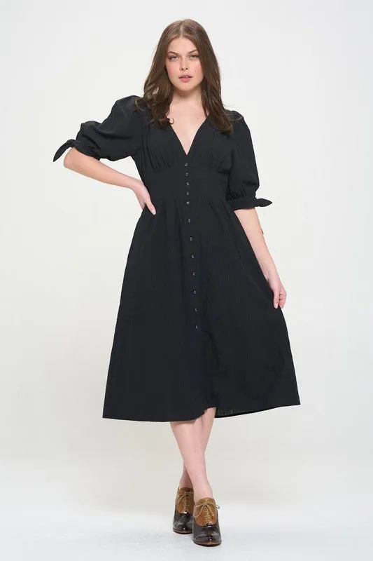 Puff Sleeve V-Neck Button Down Midi Dress