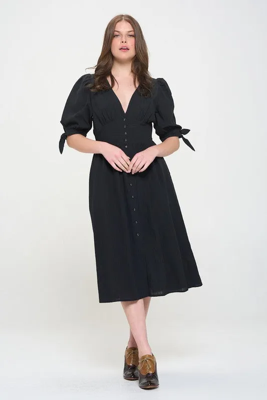 Puff Sleeve V-Neck Button Down Midi Dress