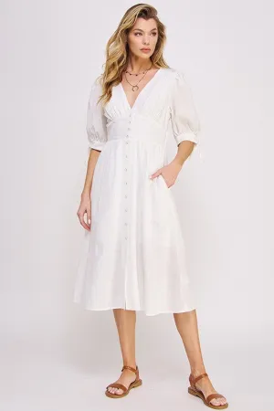 Puff Sleeve V-Neck Button Down Midi Dress