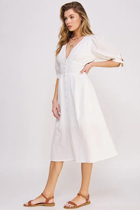 Puff Sleeve V-Neck Button Down Midi Dress